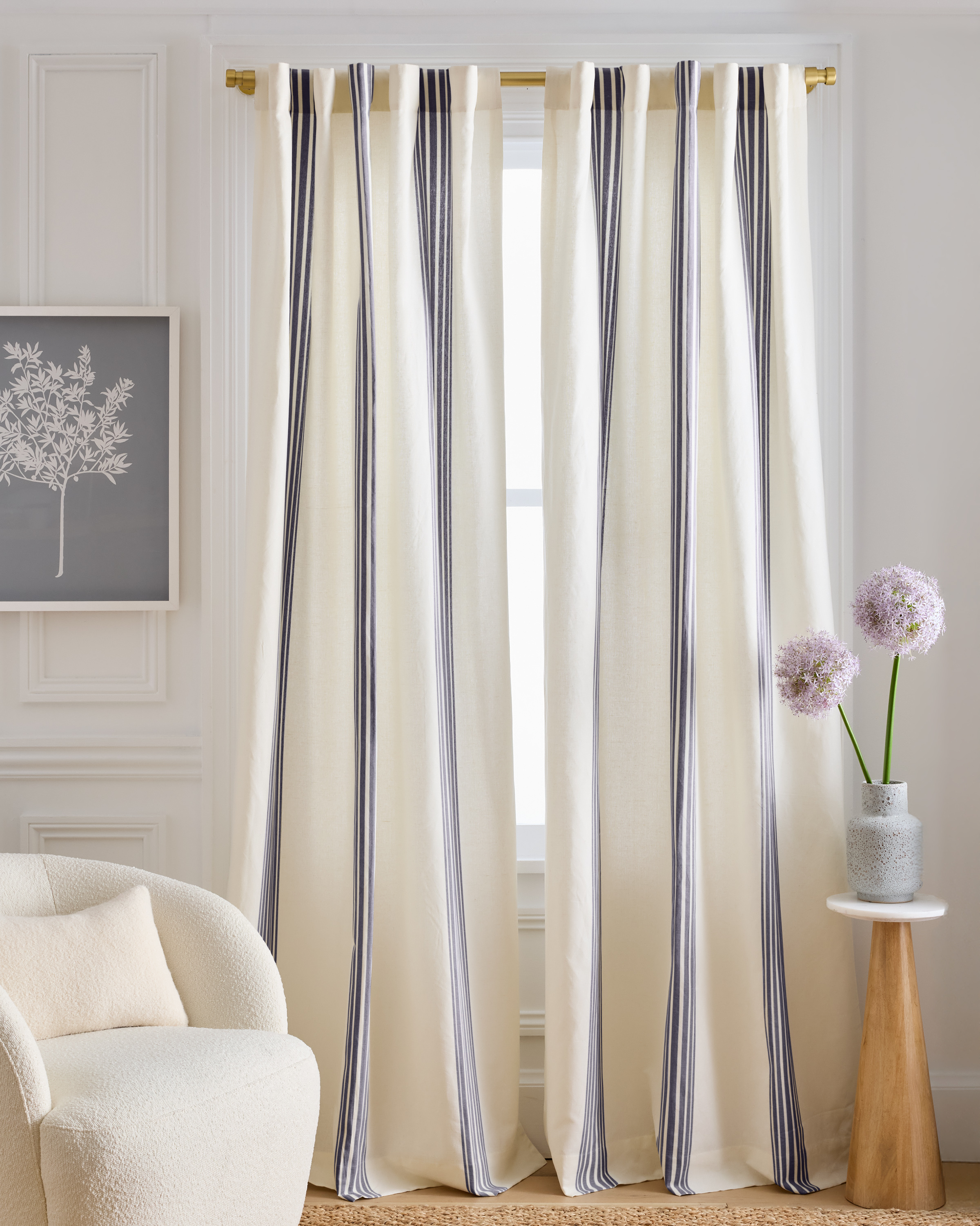 Coastal Stripe Linen Cotton Curtain, 48x96, Ivory/Navy