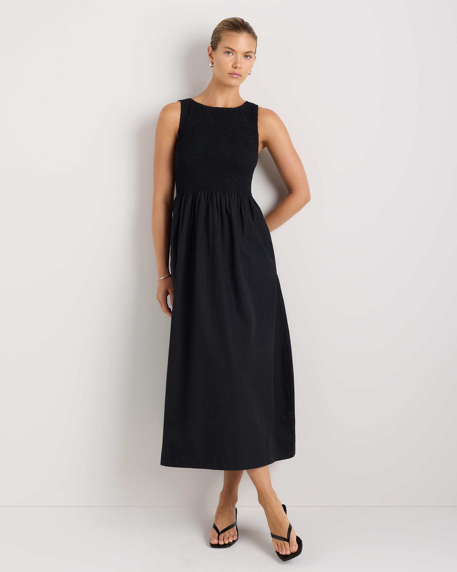 Black 100% Organic Cotton Poplin Boat Neck Maxi Dress