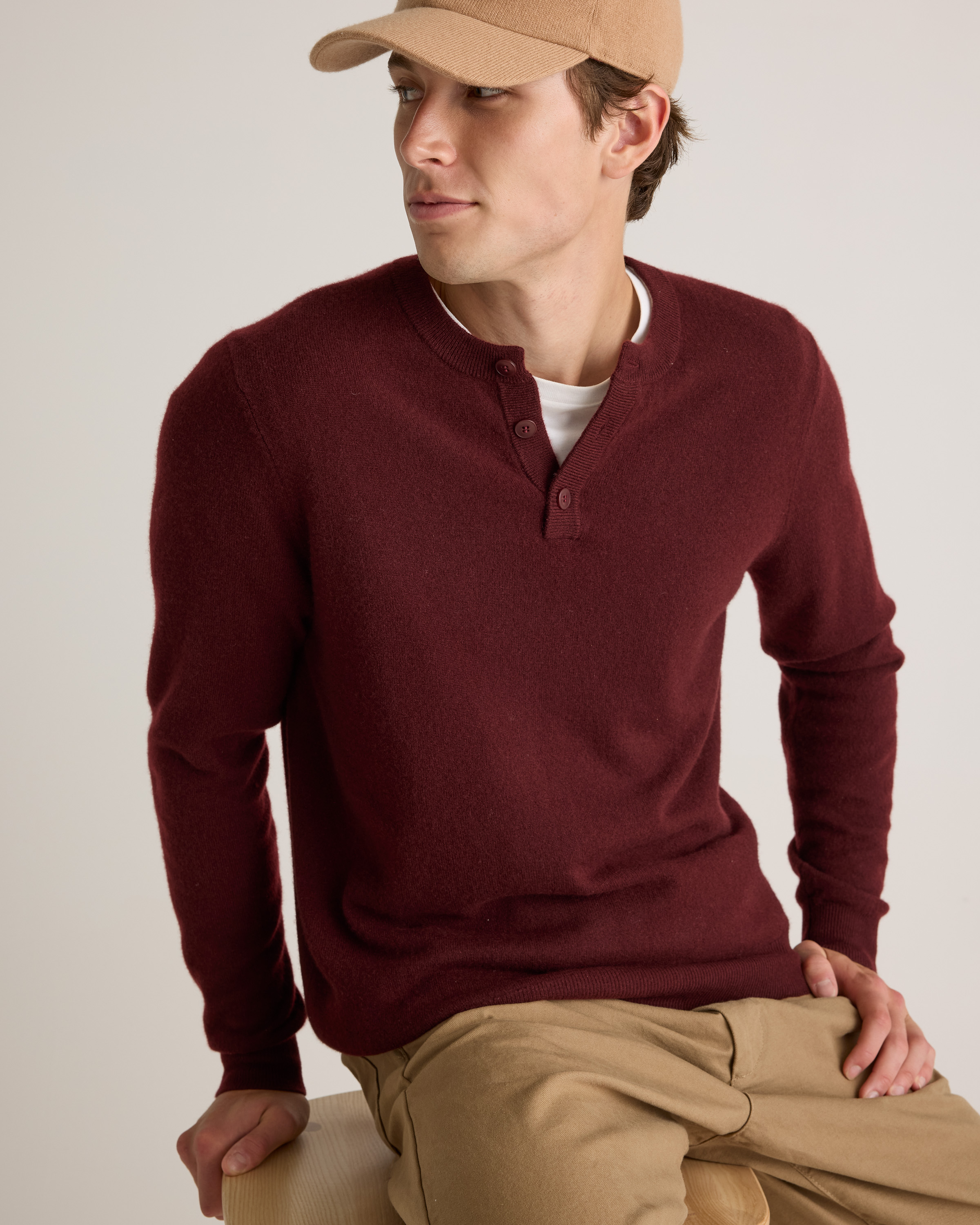 Rich Burgundy Mongolian Cashmere Henley Sweater