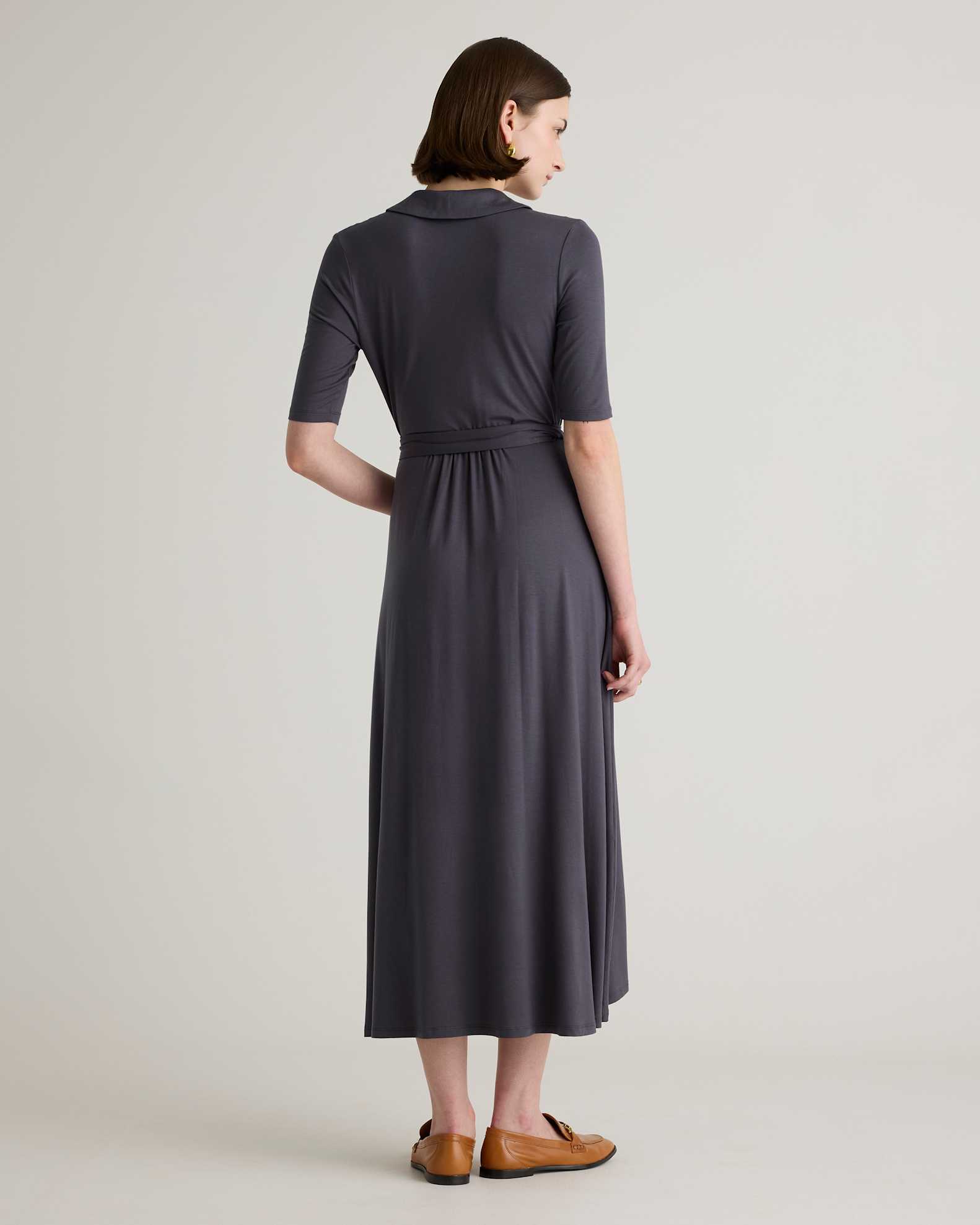 Quince Women's Tencel Jersey Midi Wrap Dress, Carbon Grey, Size XS - Eco-Friendly, Comfortable, Modern Length Quince Women's Tencel Jersey Midi Wrap Dress, Carbon Grey, Size XS - Eco-Friendly, Comfortable, Modern Length
