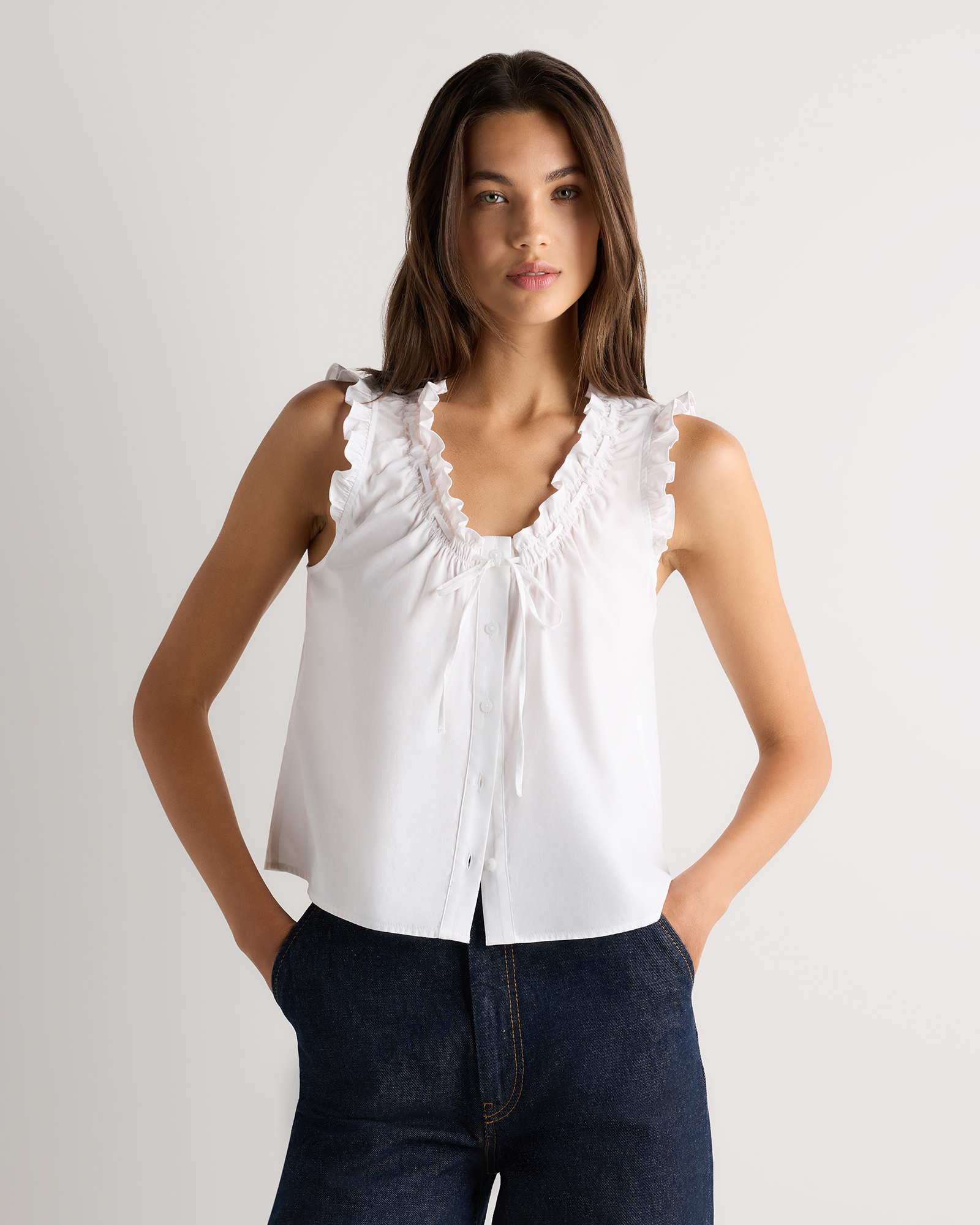 Classic White Cotton Viscose Voile Ruffle Trim Tank