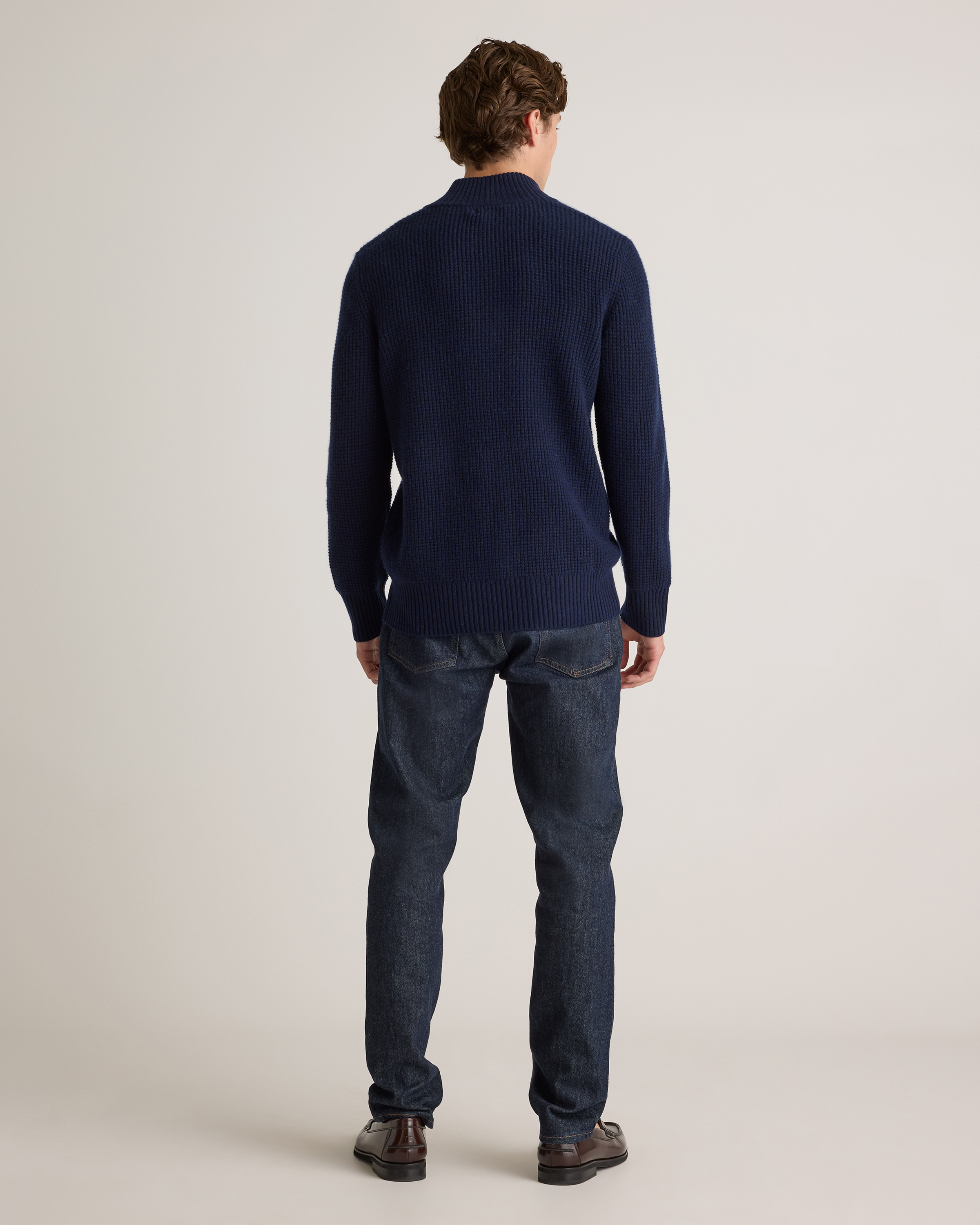 Mongolian Cashmere Waffle Quarter Button Sweater in True Navy
