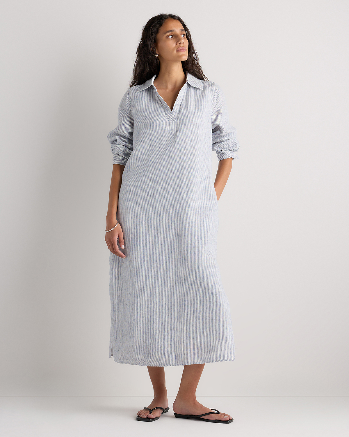 Blue Pinstripe 100% European Linen Popover Maxi Dress