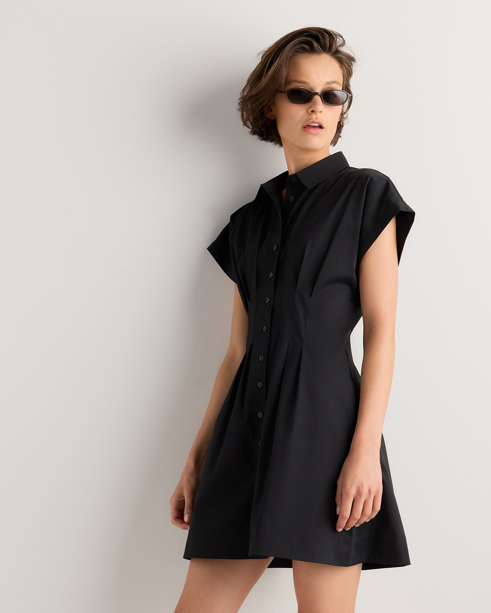 black mini dress pleated Black Square Neck Pleated Flare Mini Dress Large main image 1
