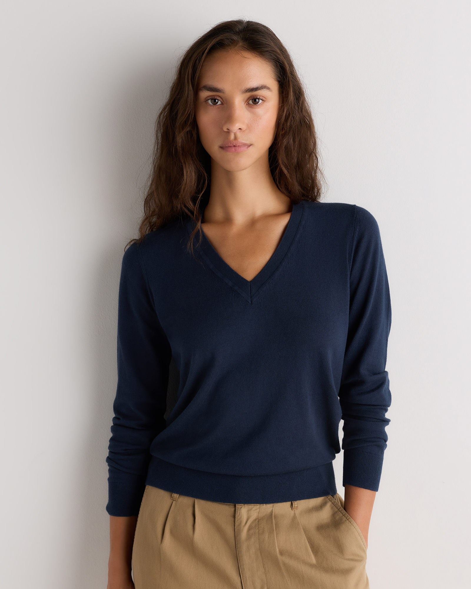 Atlas Navy Lightweight Cotton Cashmere V-Neck Sweater