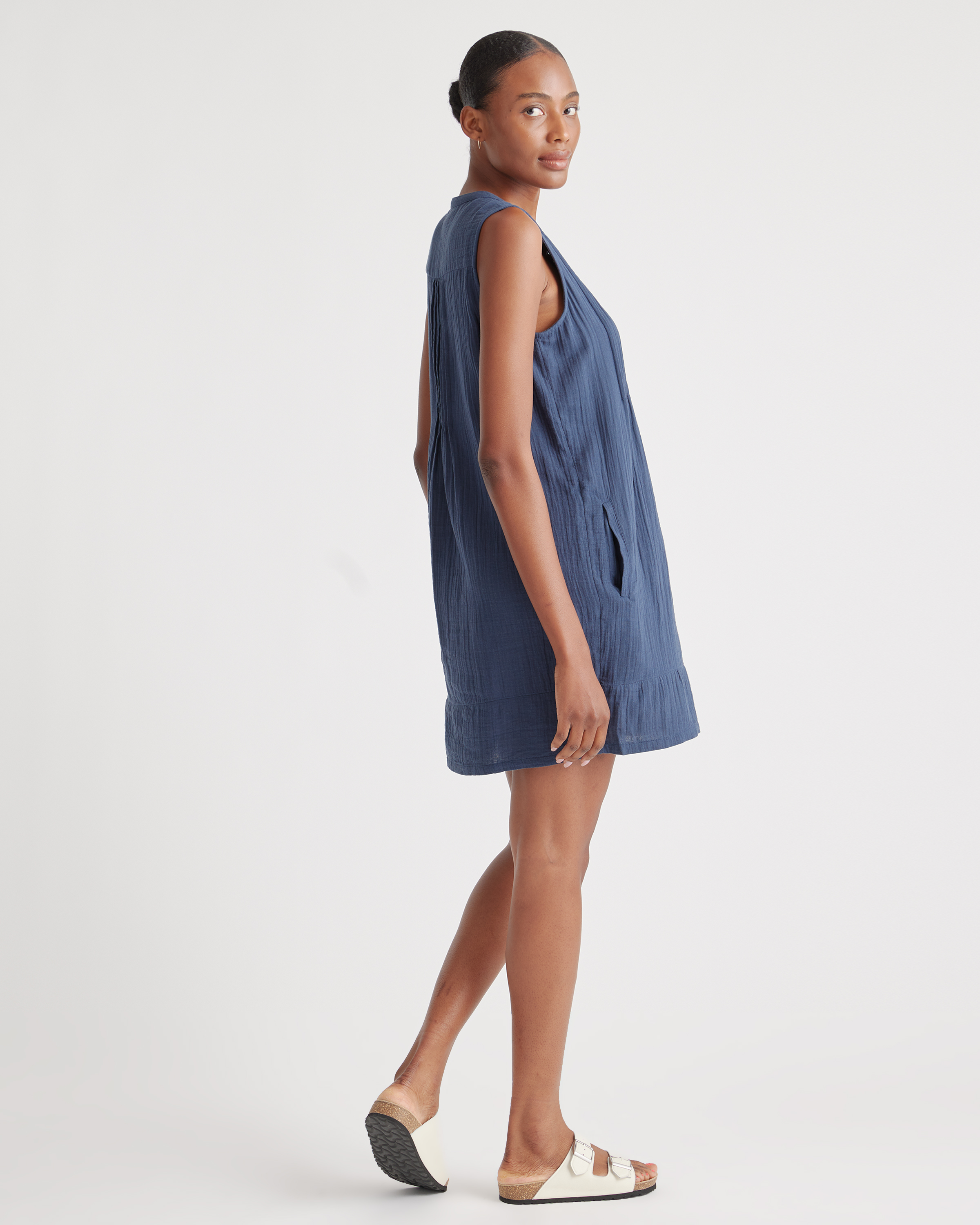 100% Organic Cotton Gauze Sleeveless Swing Dress in Indigo Blue