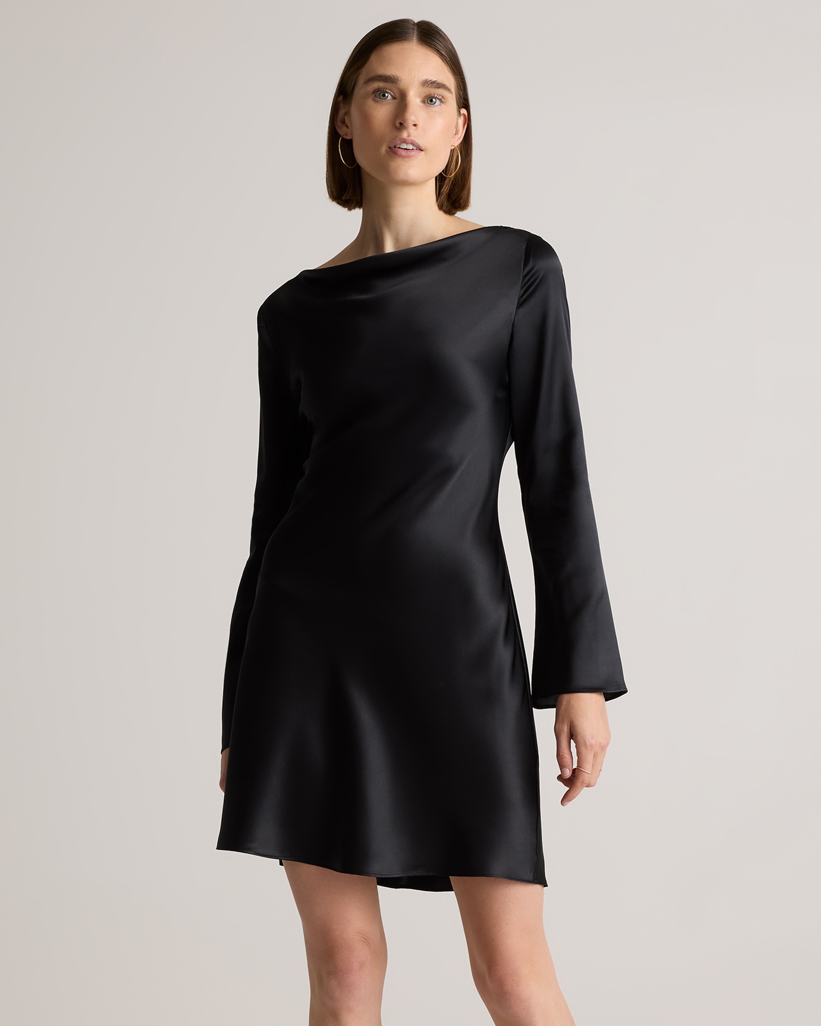 Black 100% Washable Silk Long Sleeve Mini Dress 