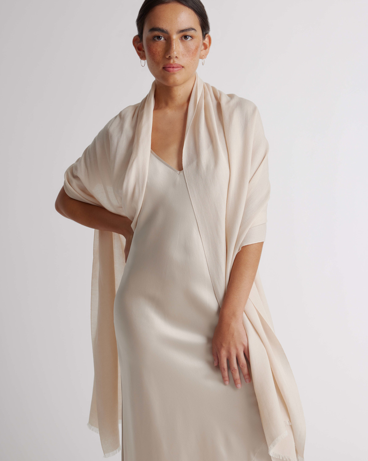 Featherweight Cashmere Silk Frayed Edge Scarf in Ivory