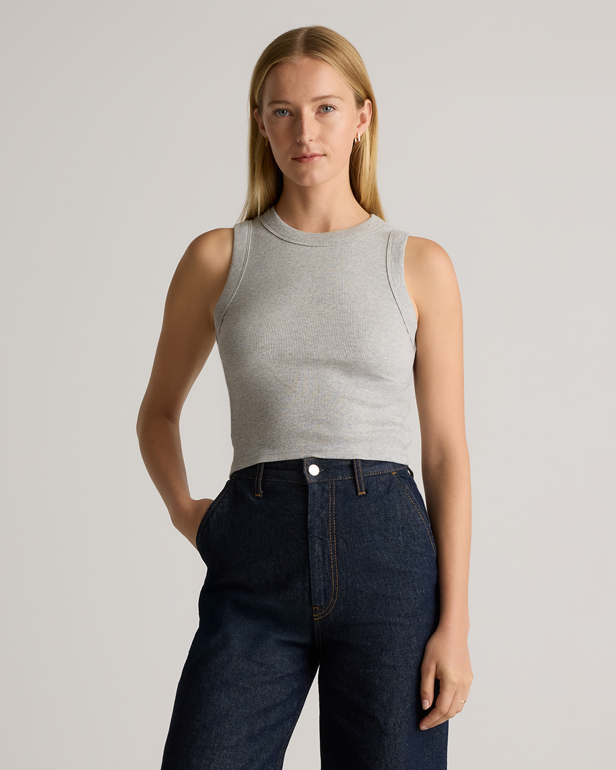 Heather Grey Organic Cotton Micro-Rib Cropped Cutaway Tank