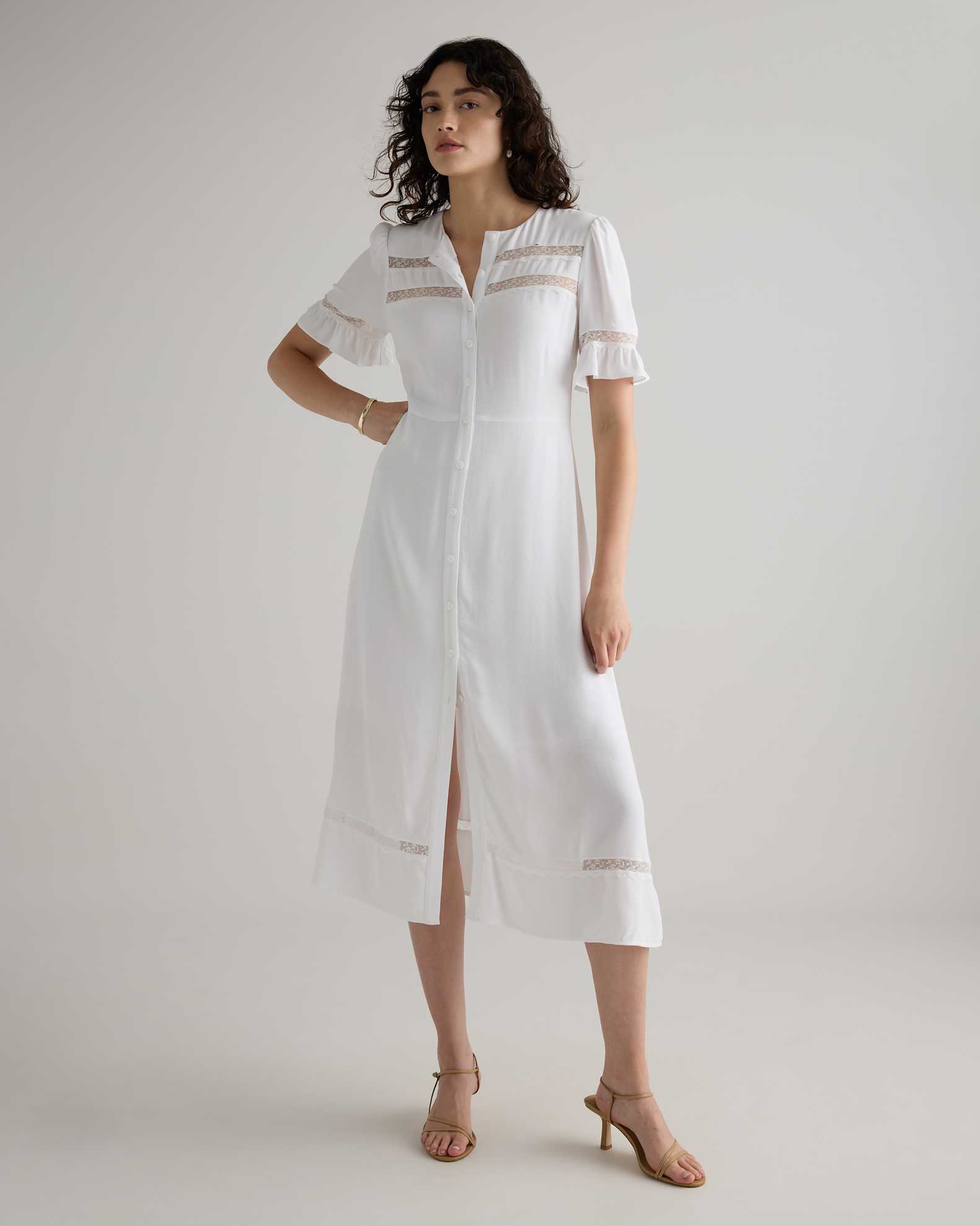 Women's Lightweight Crepe Lace Inset Midi Dress in Ivory, Size Small, Viscose by Quince Women's Lightweight Crepe Lace Inset Midi Dress in Ivory, Size Small, Viscose by Quince