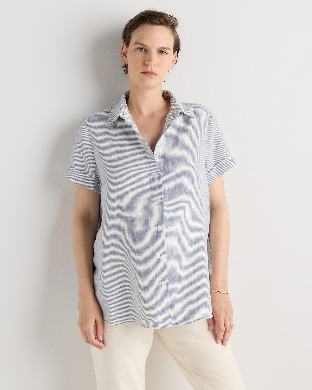 Blue Pinstripe 100% European Linen Maternity Camp Shirt