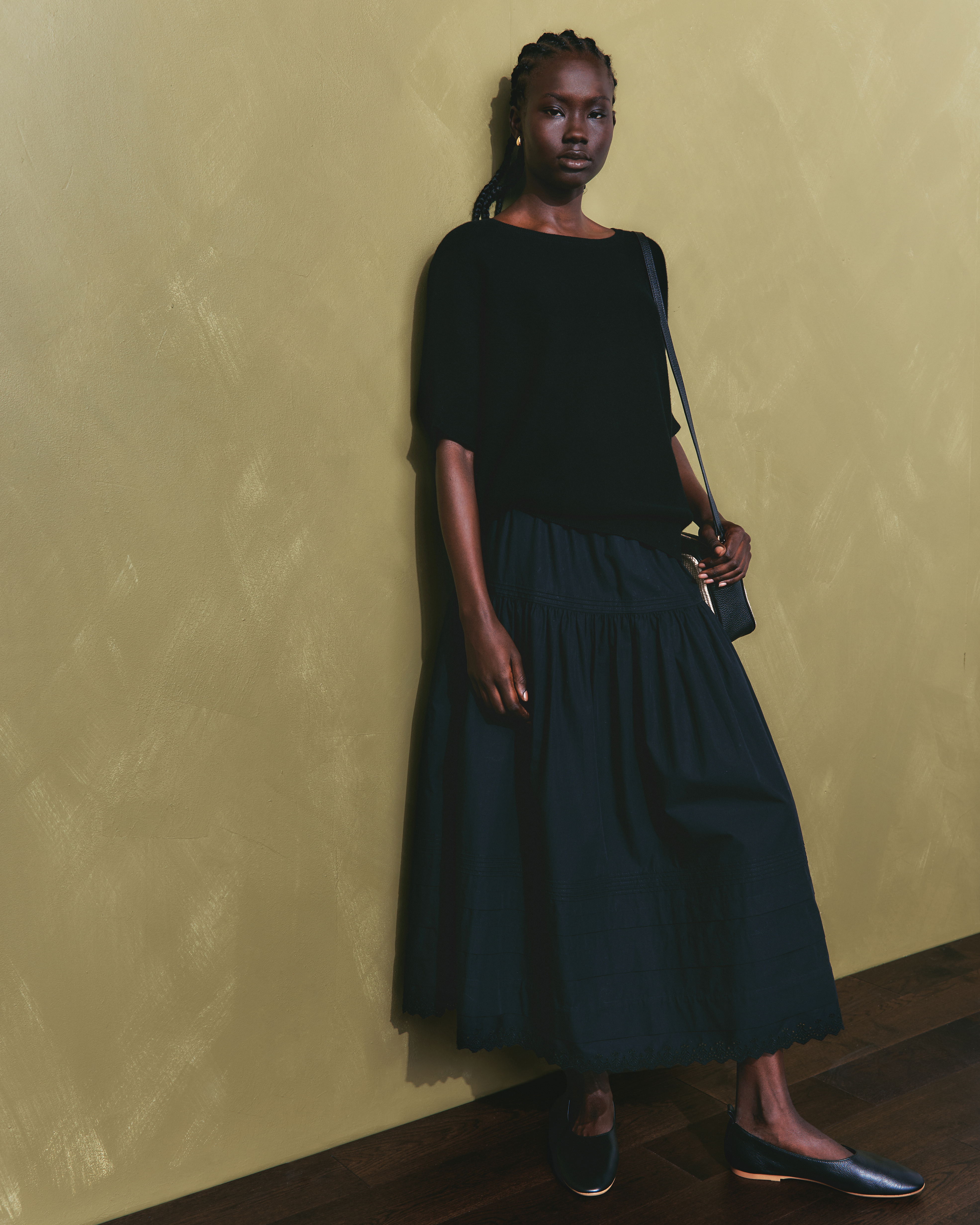 Organic Textured Cotton Pintuck Maxi Skirt in Black