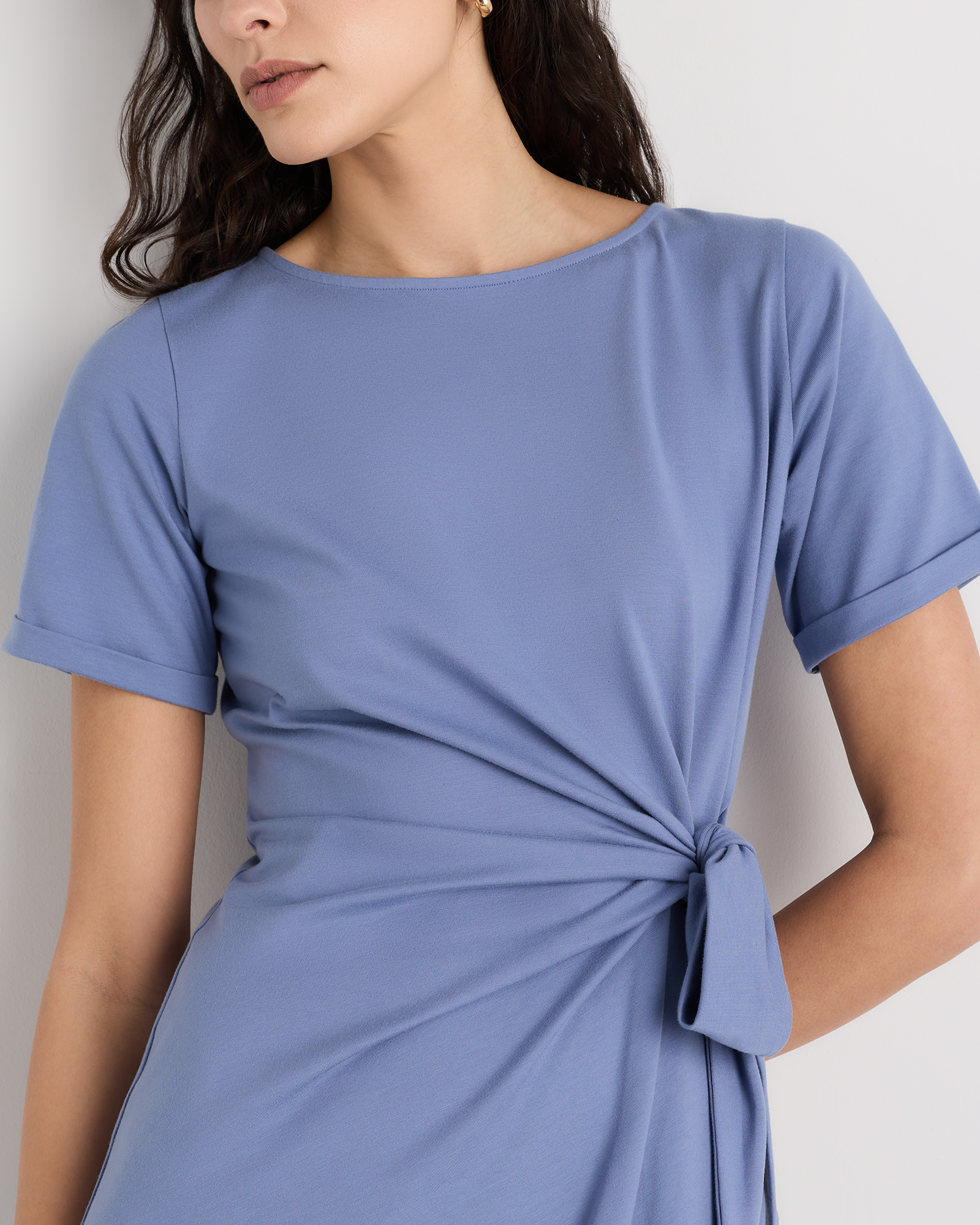 Stretch Cotton Jersey Side Tie Midi Dress in Moonstone Blue