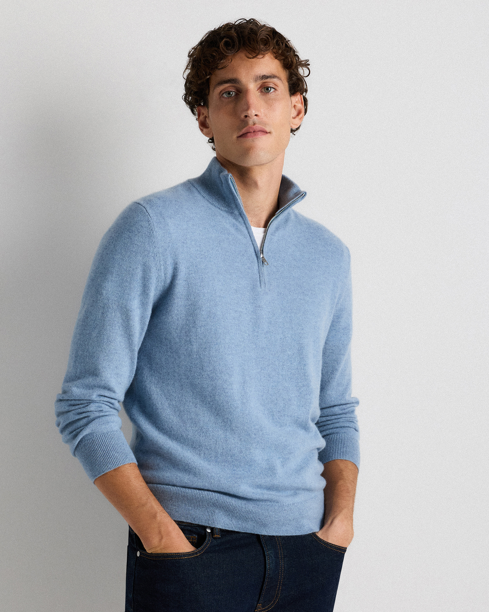 Faded Denim Mongolian Cashmere Quarter Zip Sweater