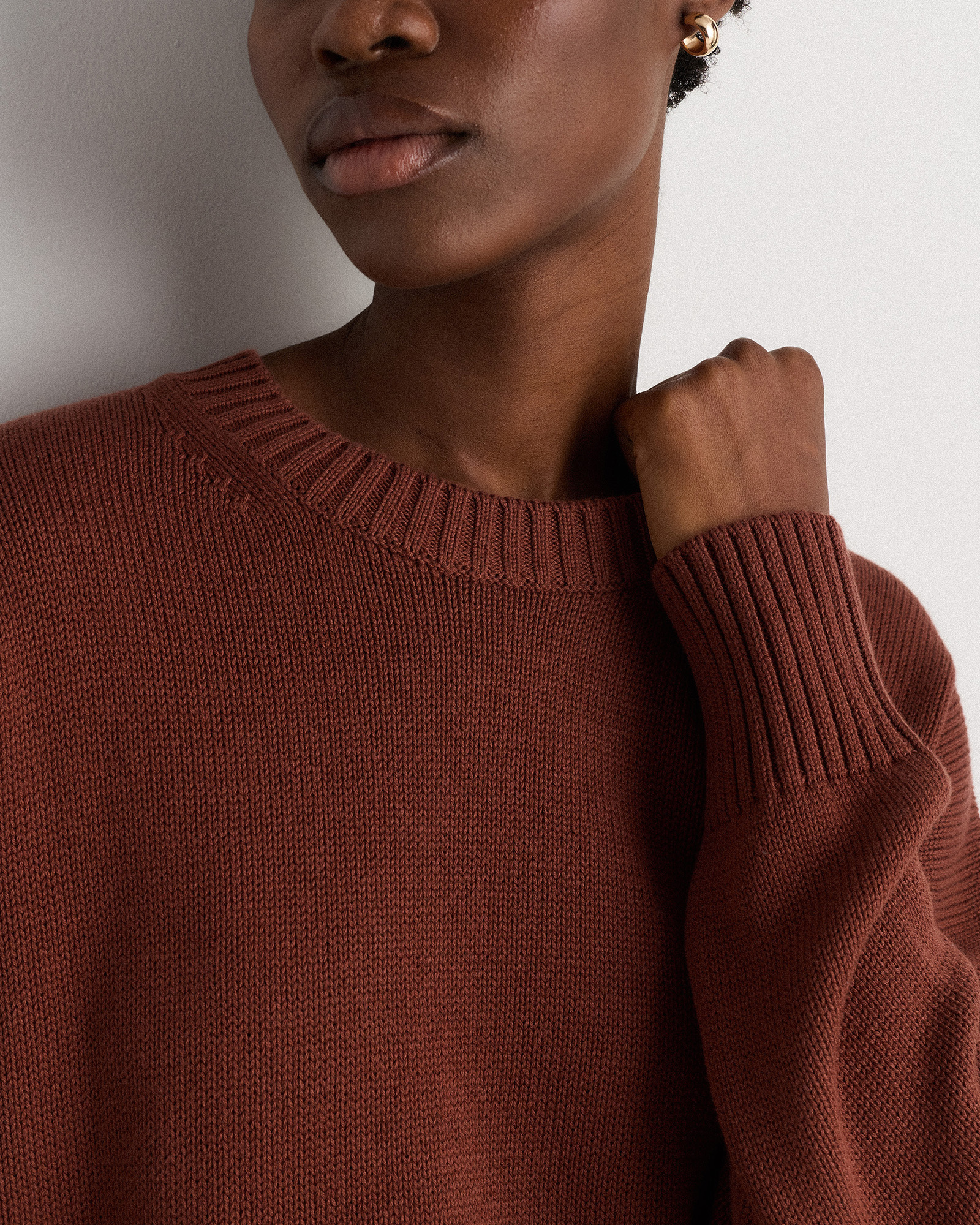 100% Organic Cotton Boyfriend Crew Sweater in Redwood Brown
