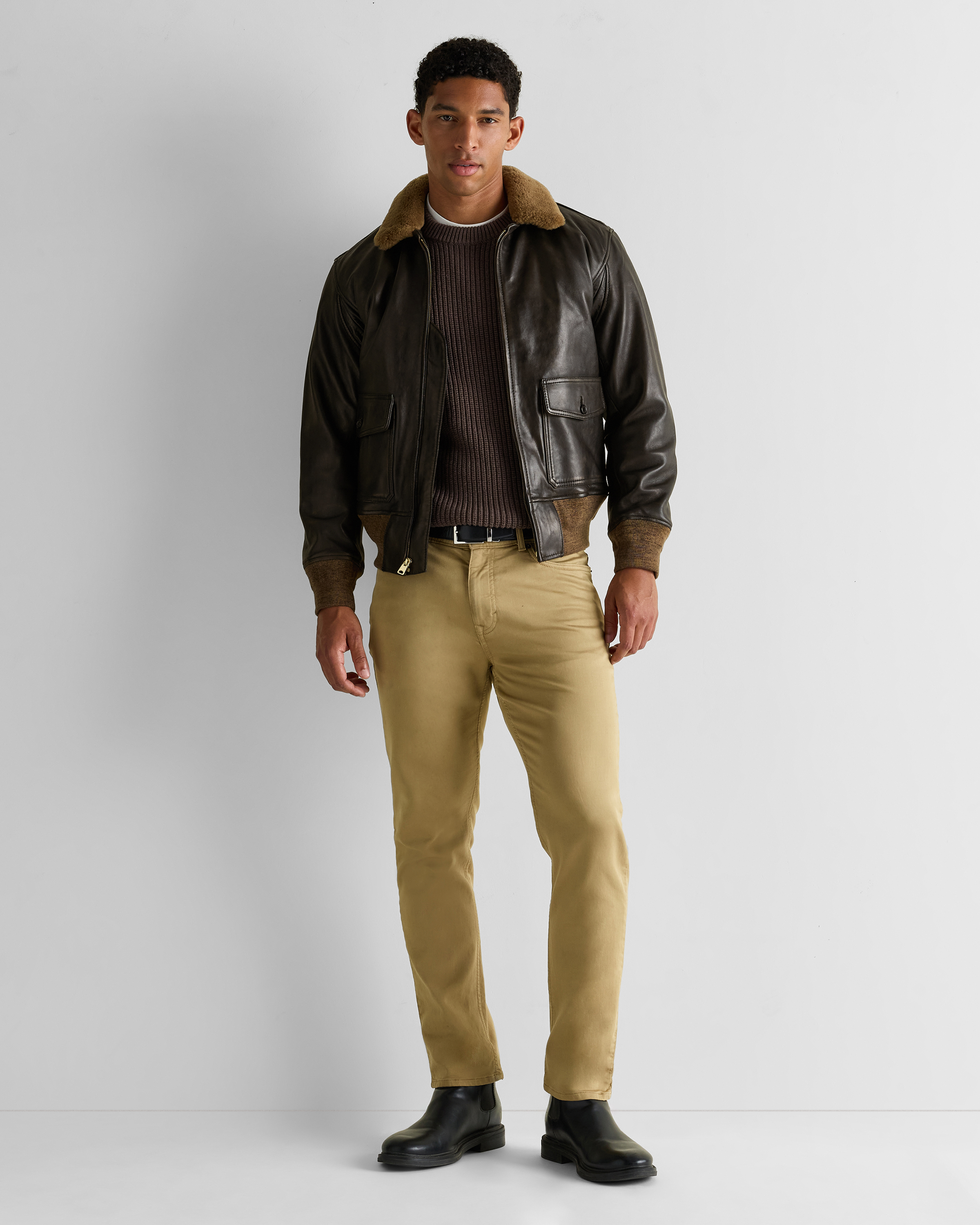 Shearling Collar Leather Flight Jacket in Rich Brown