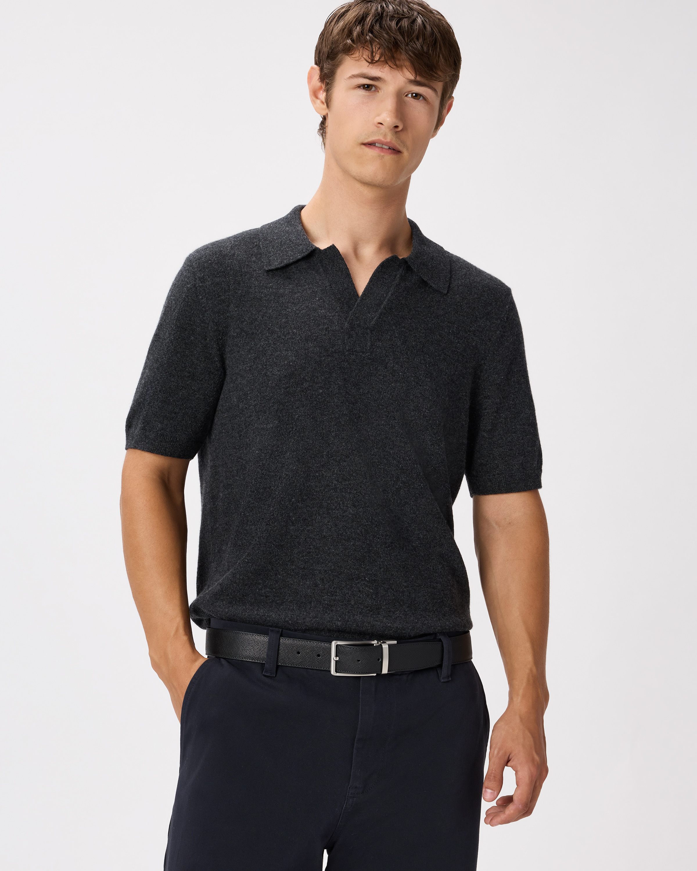 Charcoal 100% Mongolian Cashmere Johnny Collar Polo Sweater