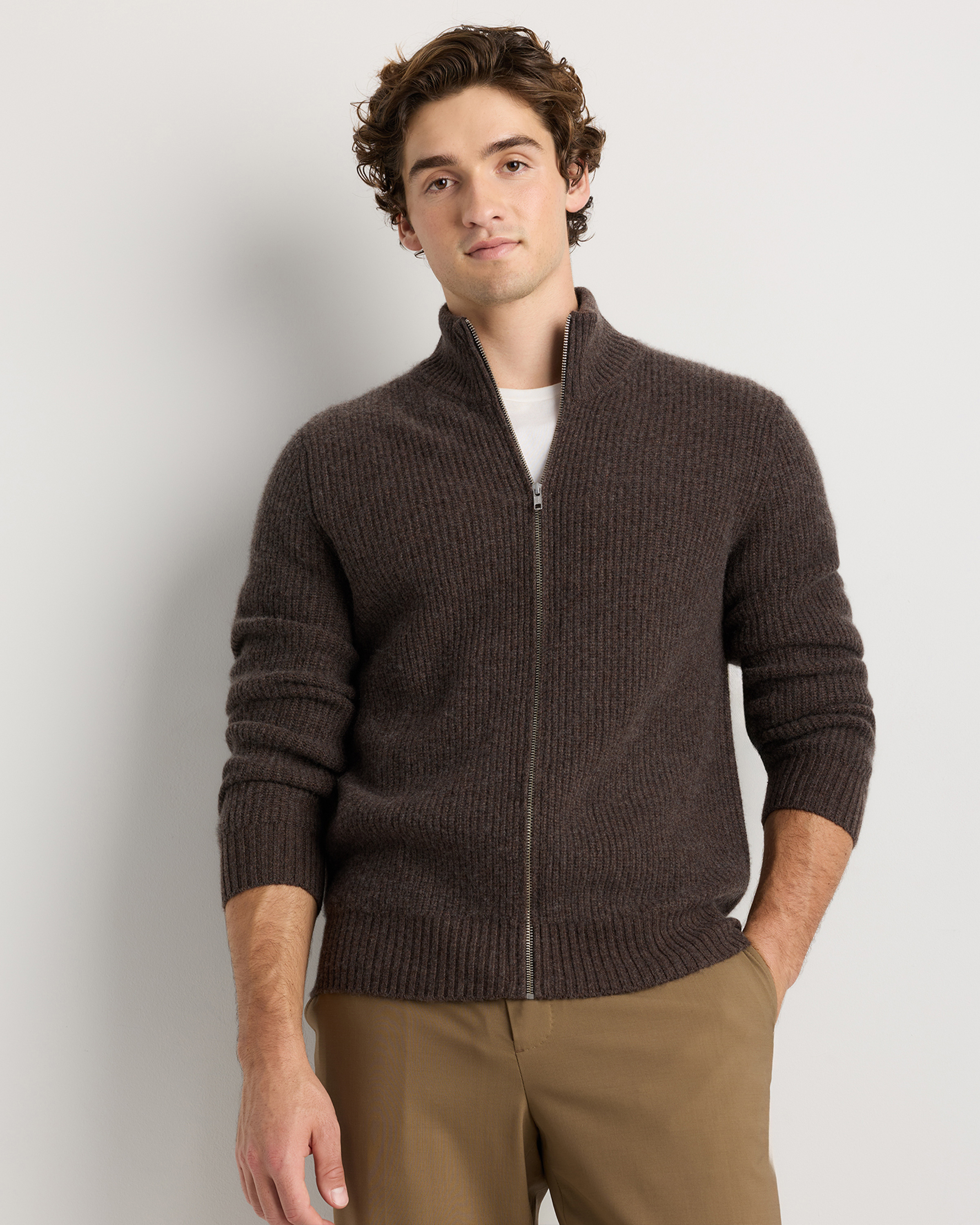 Heather Truffle Brown Mongolian Cashmere Fisherman Full Zip Sweater