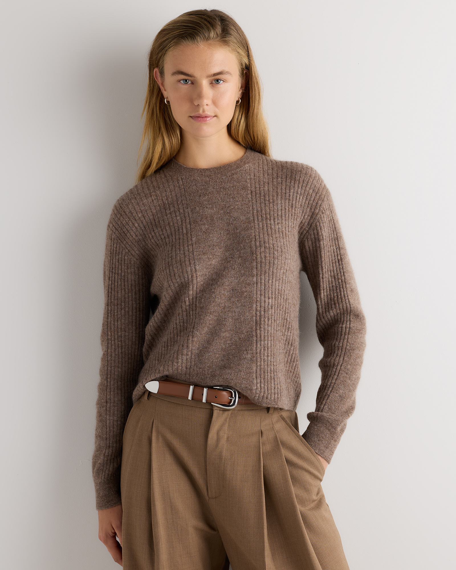 Mushroom Brown Lightweight Baby Alpaca Relaxed Ribbed Crewneck