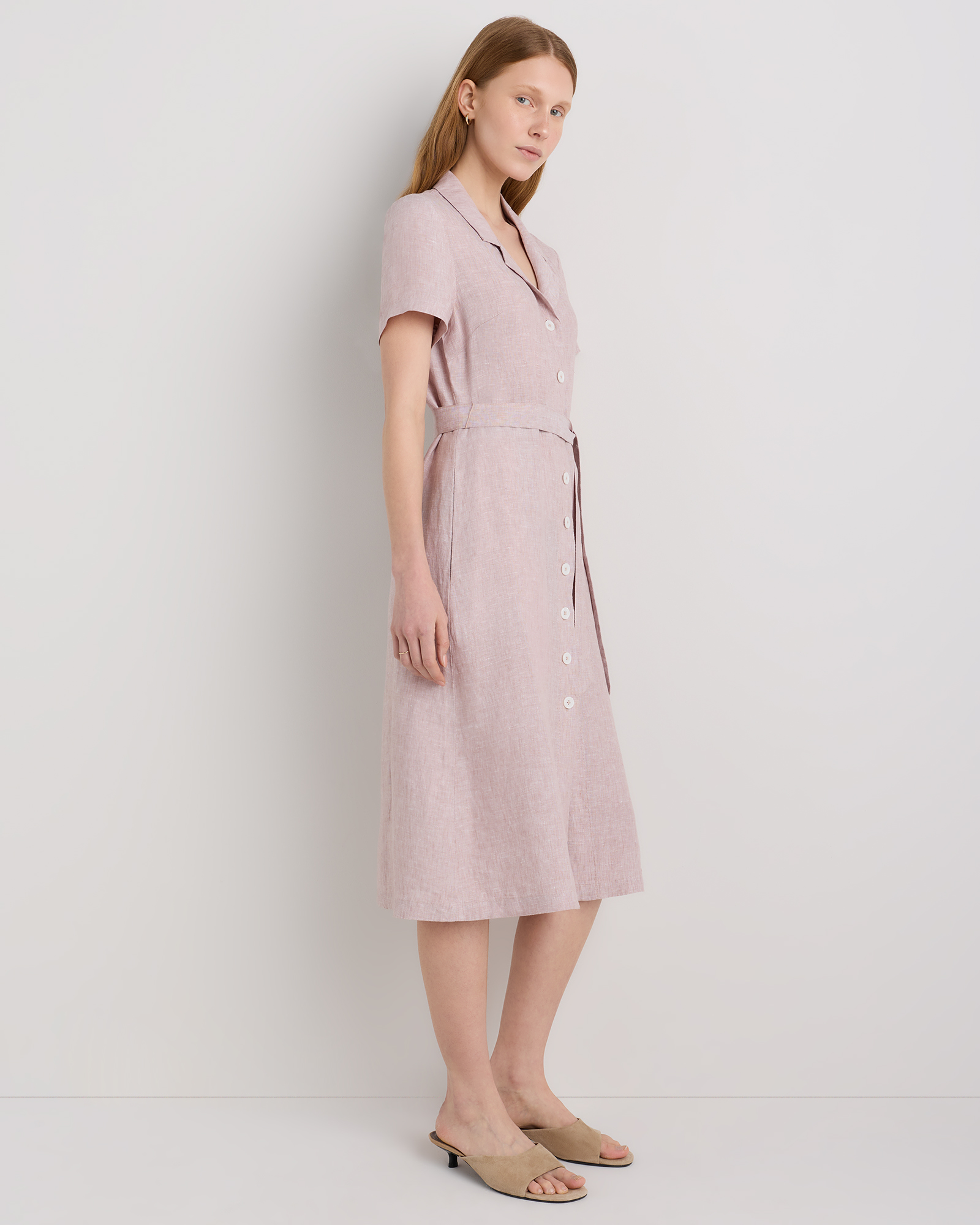 Women's 100% European Linen Button Front Dress in Vintage Pink Chambray, Size Large by Quince