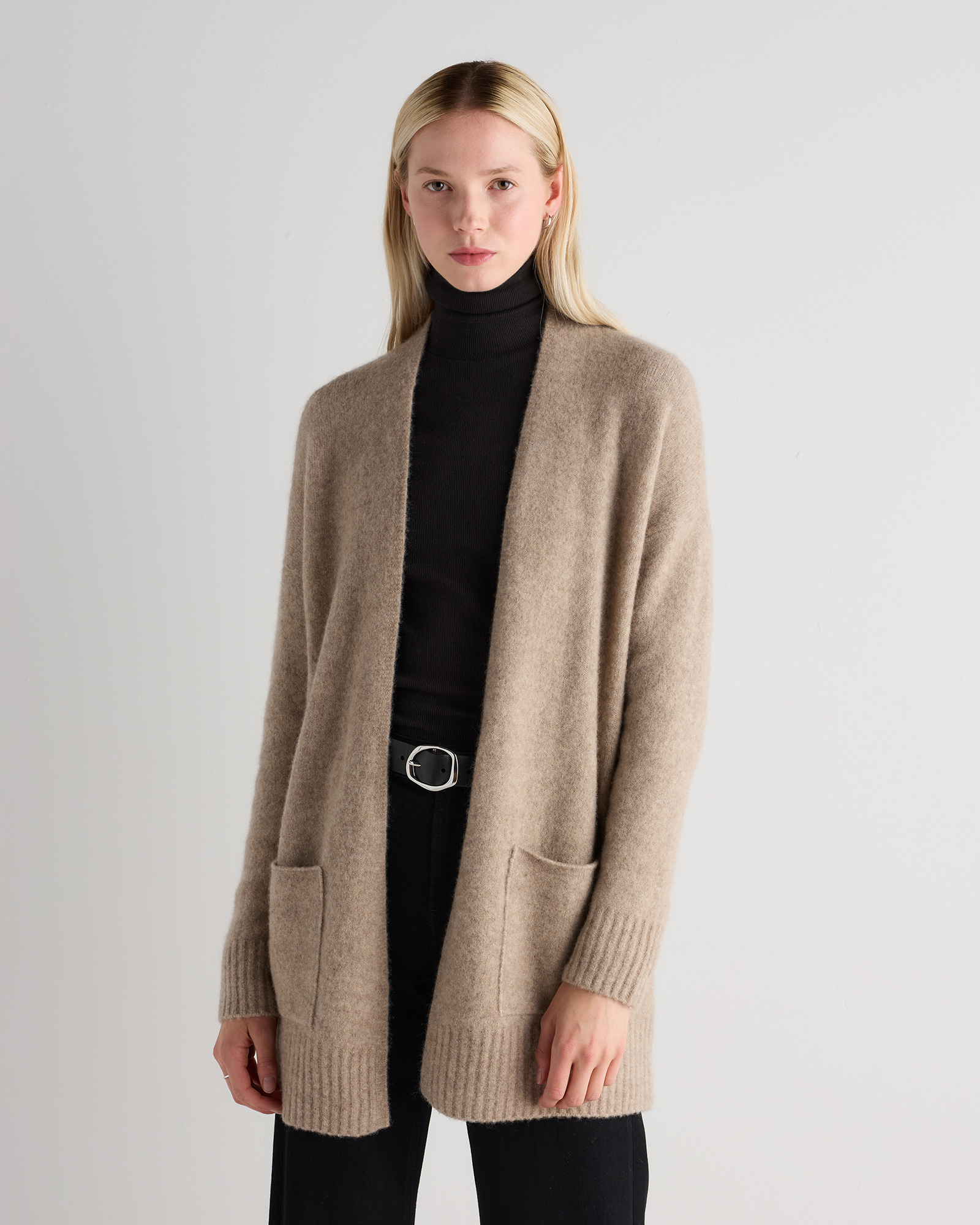 Doe Brown Cashmere Silk Boucle Open Cardigan