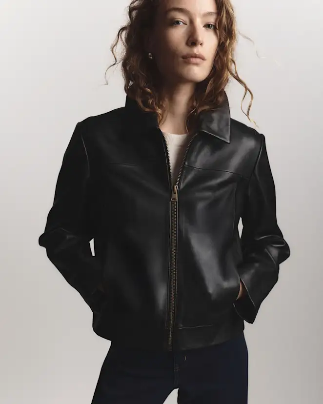 True Black 100% Leather Cropped Zip-Front Jacket