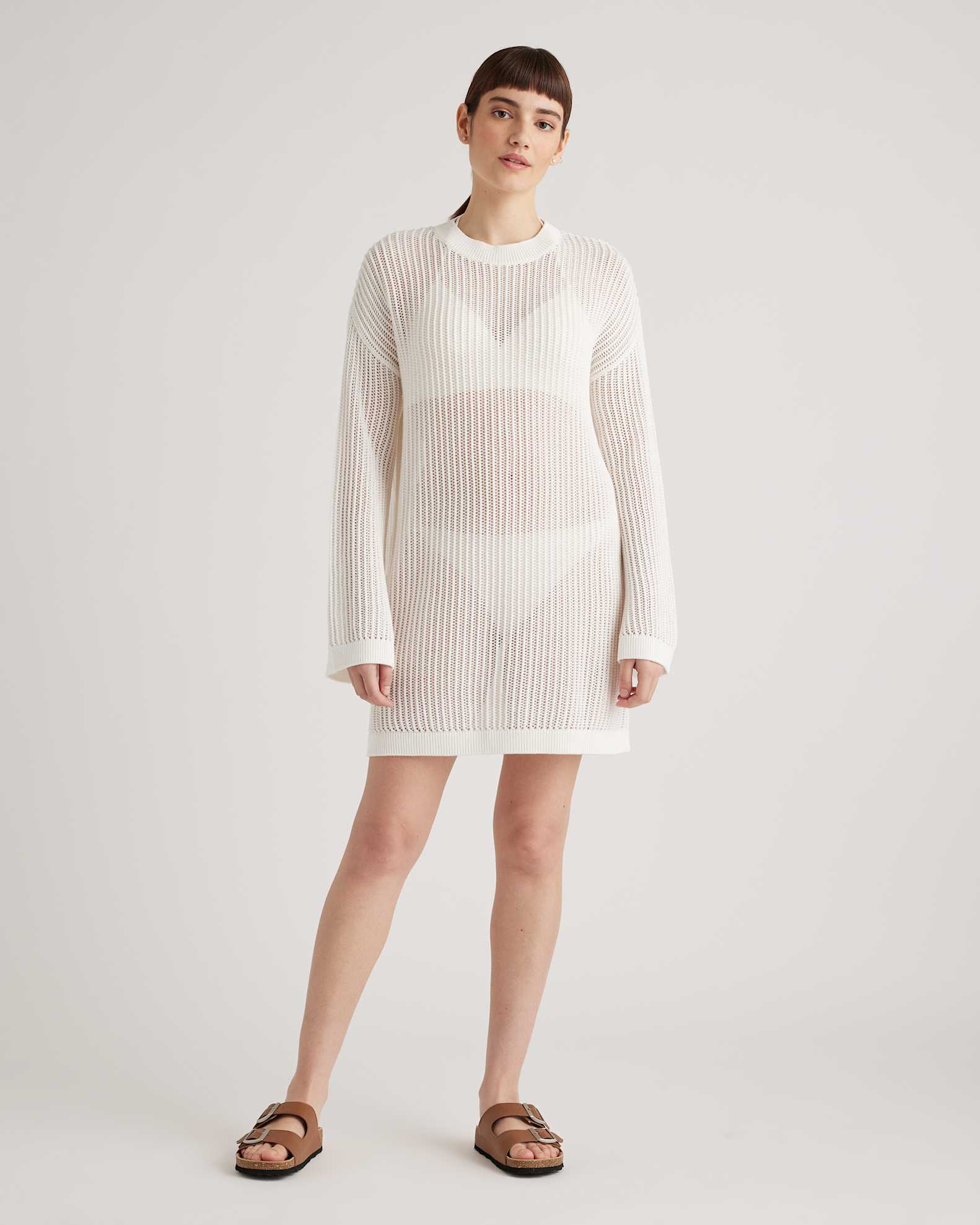Quince Women's Open-Knit Long Sleeve Cover-Up Mini Dress, Size XS in White, Perfect for Beach & Pool, Organic Cotton Quince Women's Open-Knit Long Sleeve Cover-Up Mini Dress, Size XS in White, Perfect for Beach & Pool, Organic Cotton