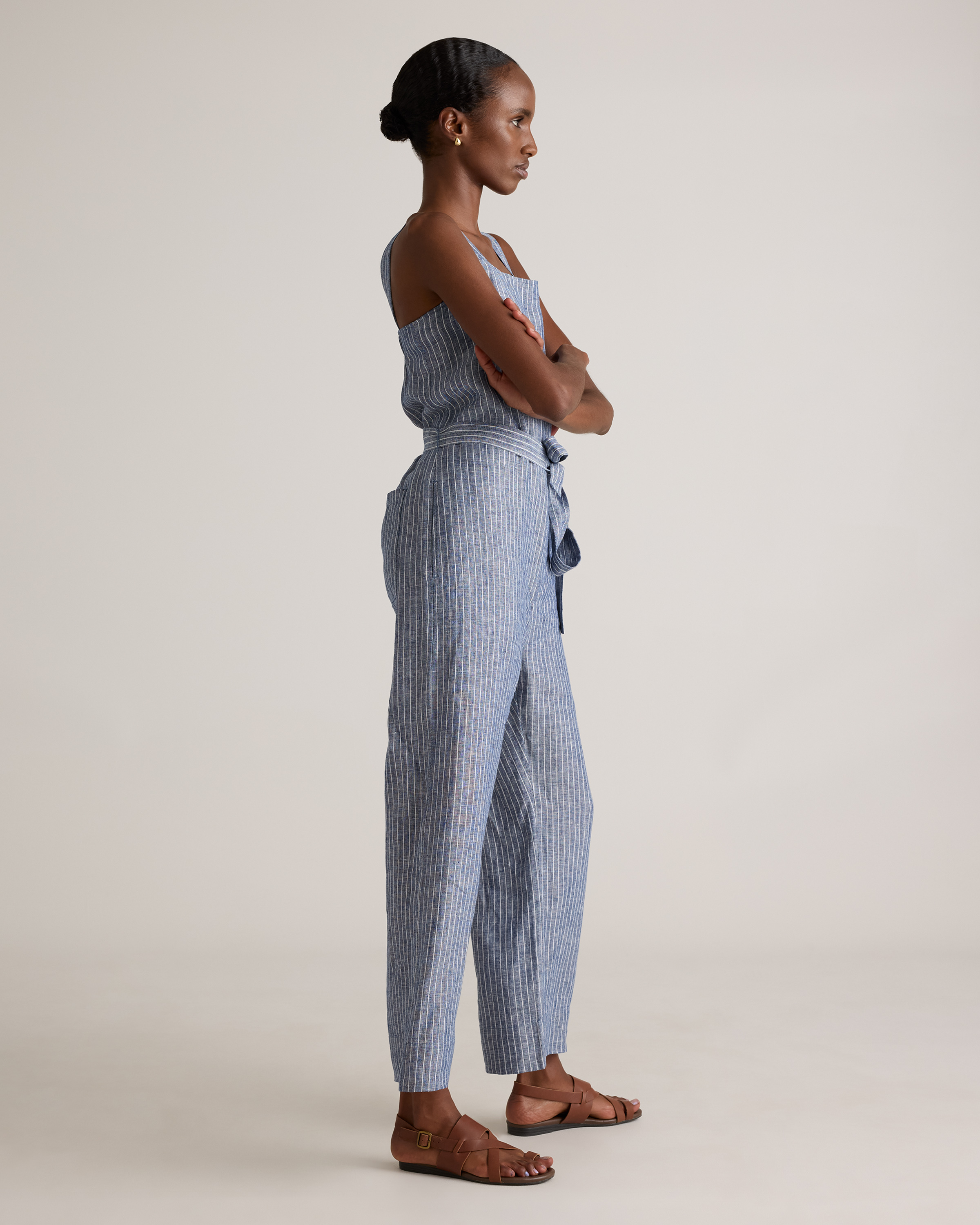 100% European Linen Square Neck Jumpsuit in Chambray Stripe