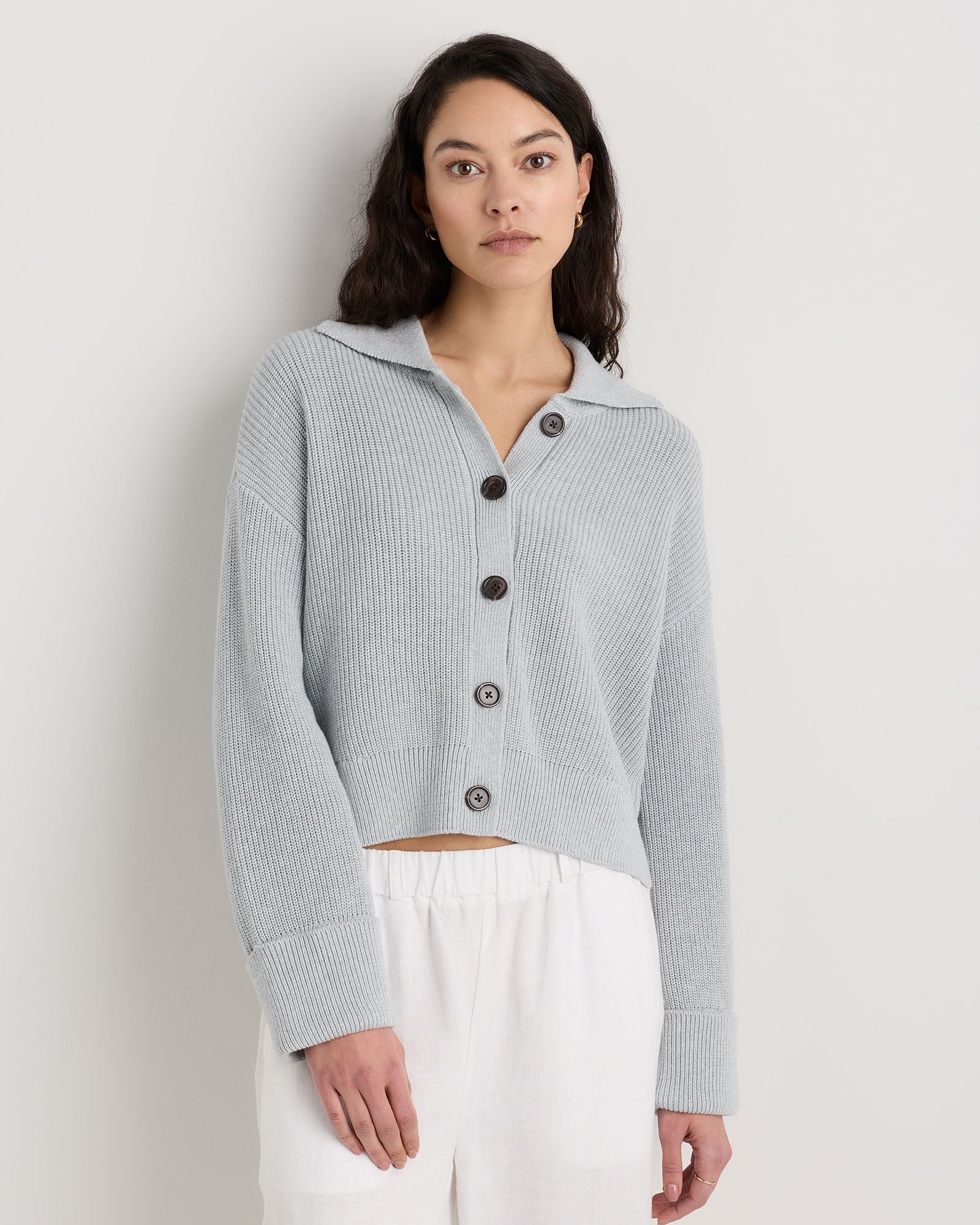 Heather Dove Grey 100% Organic Cotton Fisherman Collared Cardigan