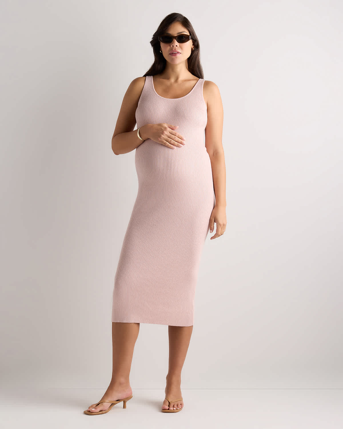 Cotton Cashmere Maternity Fitted Midi Dress - Maternity in Sugar Stone Cotton Cashmere Maternity Fitted Midi Dress - Maternity in Sugar Stone