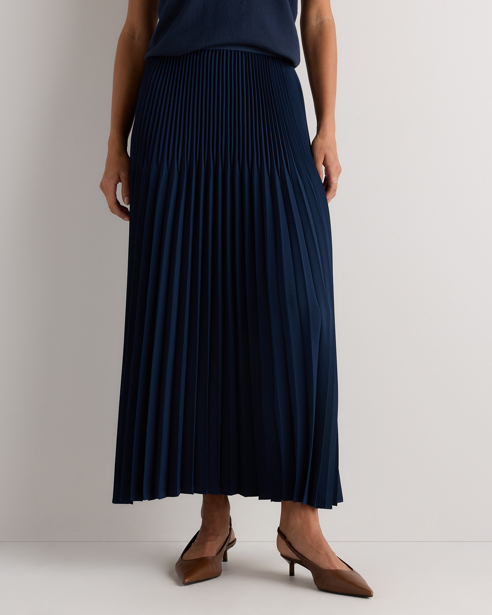 Riviera Navy Pleated Matte Midi Skirt
