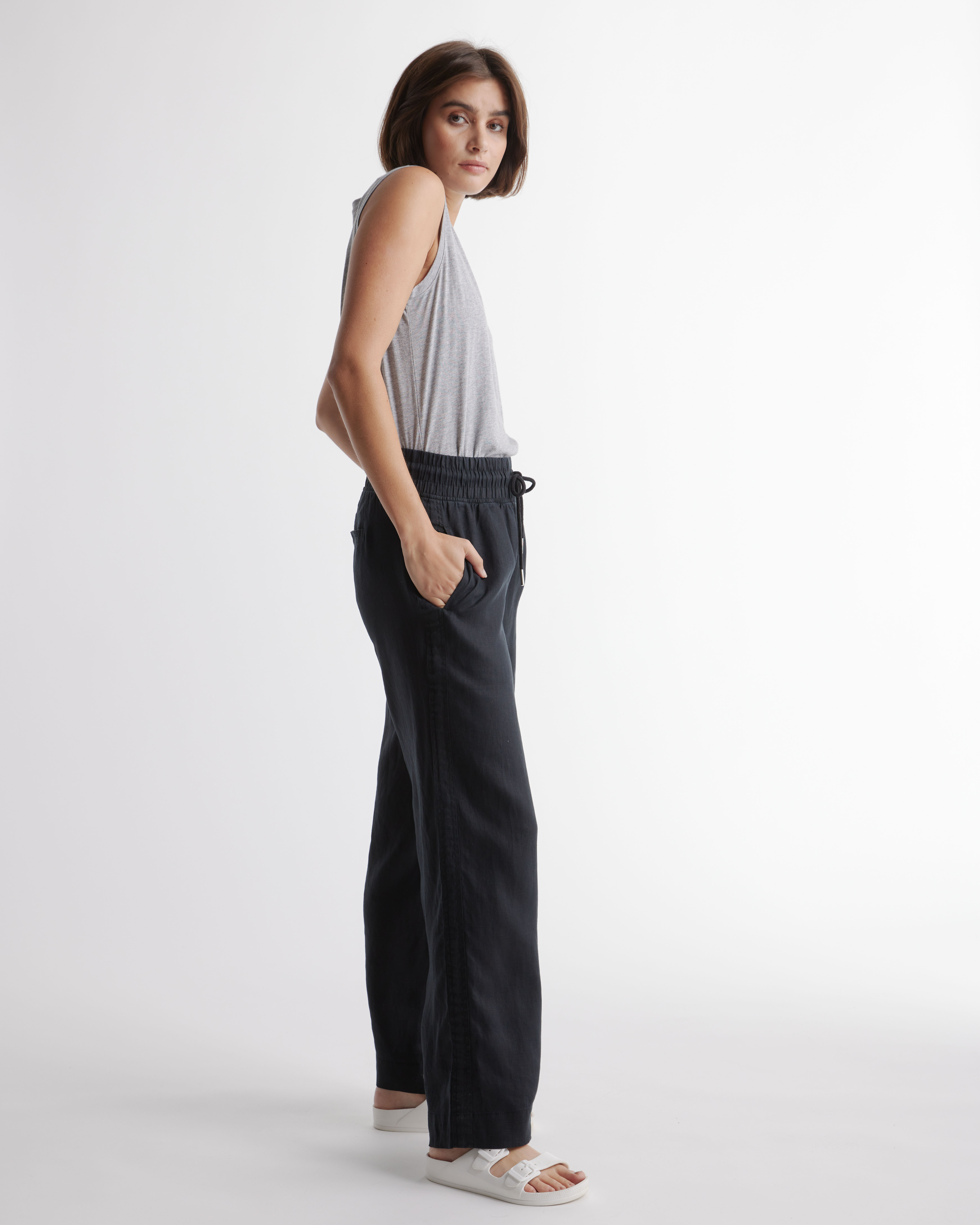 100% European Linen Wide Leg Pants in Black