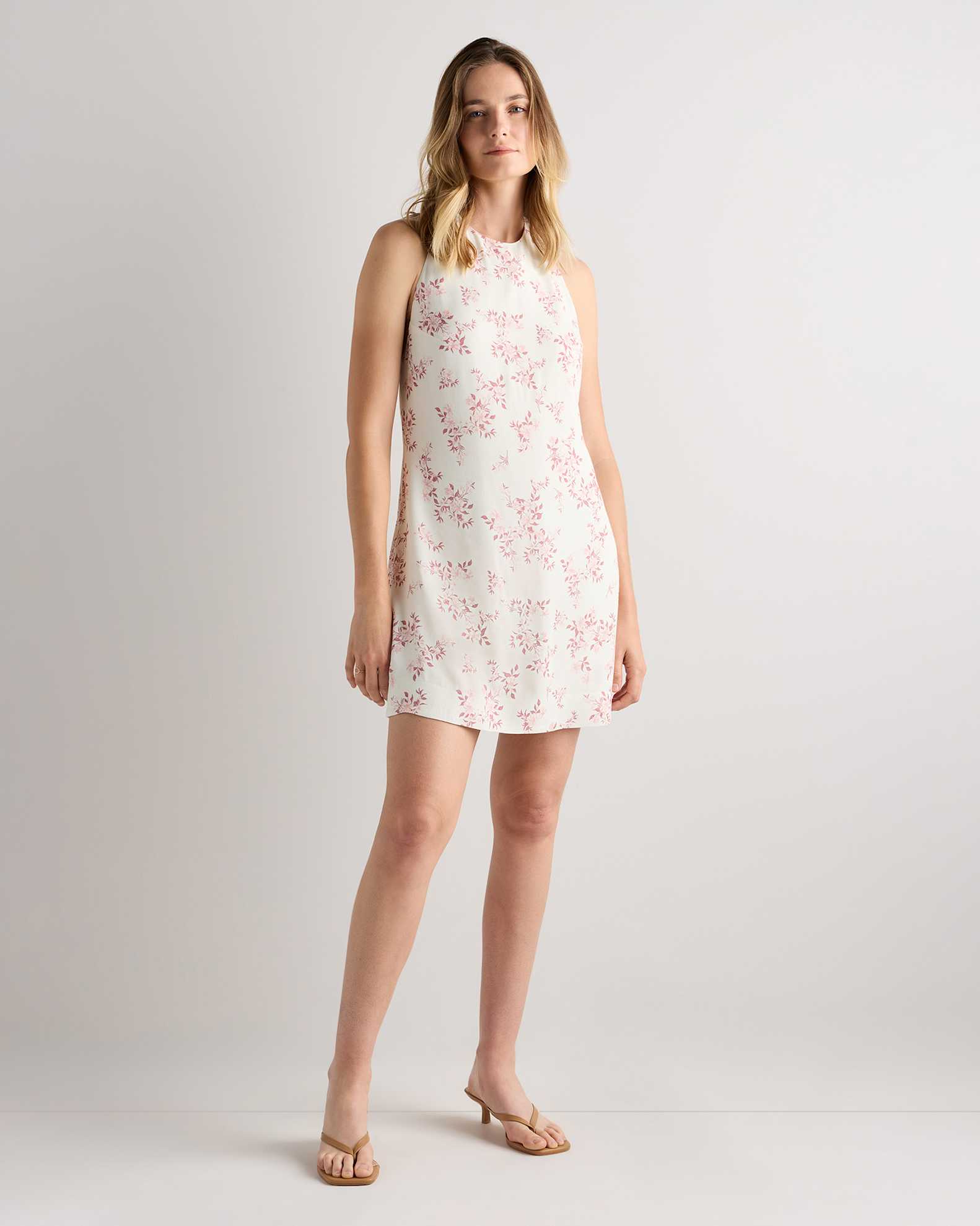 Lightweight Crepe Halter Mini Dress in Ivory Rose Pink Petite Floral Lightweight Crepe Halter Mini Dress in Ivory Rose Pink Petite Floral