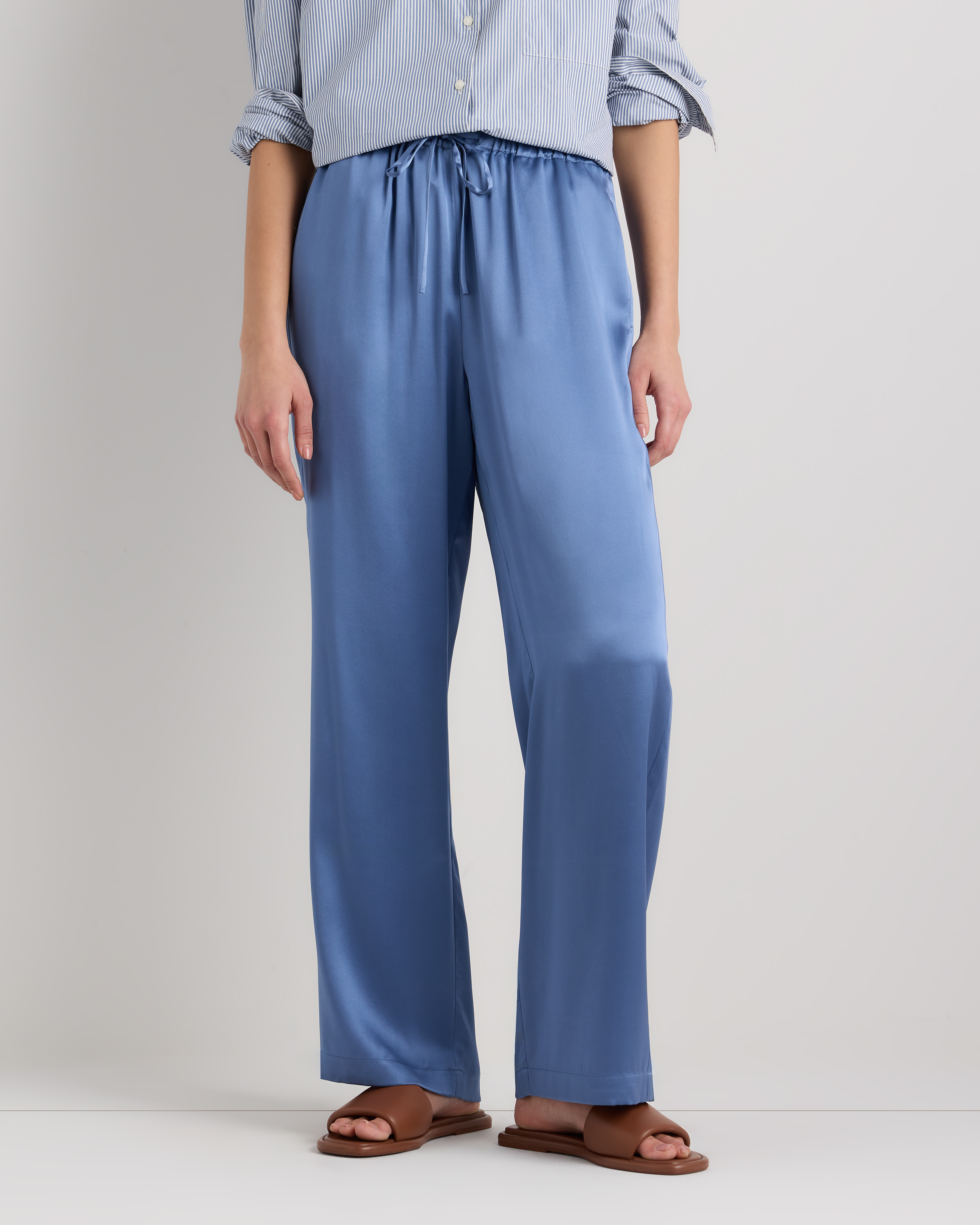Moonstone Blue 100% Washable Silk Drawstring Wide Leg Pants
