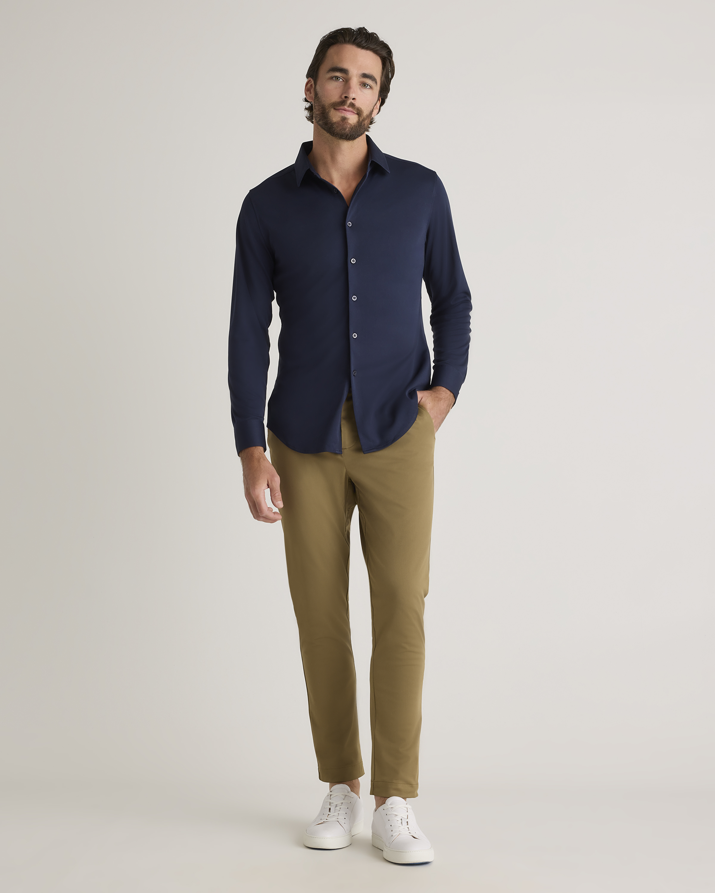 Commuter Stretch Pique Long Sleeve Button Down in Navy