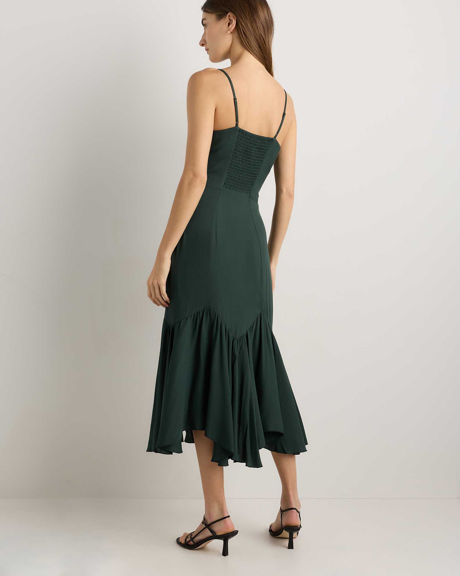 Lightweight Crepe Pleated Hem Midi Dress in Forest Green Lightweight Crepe Pleated Hem Midi Dress in Forest Green