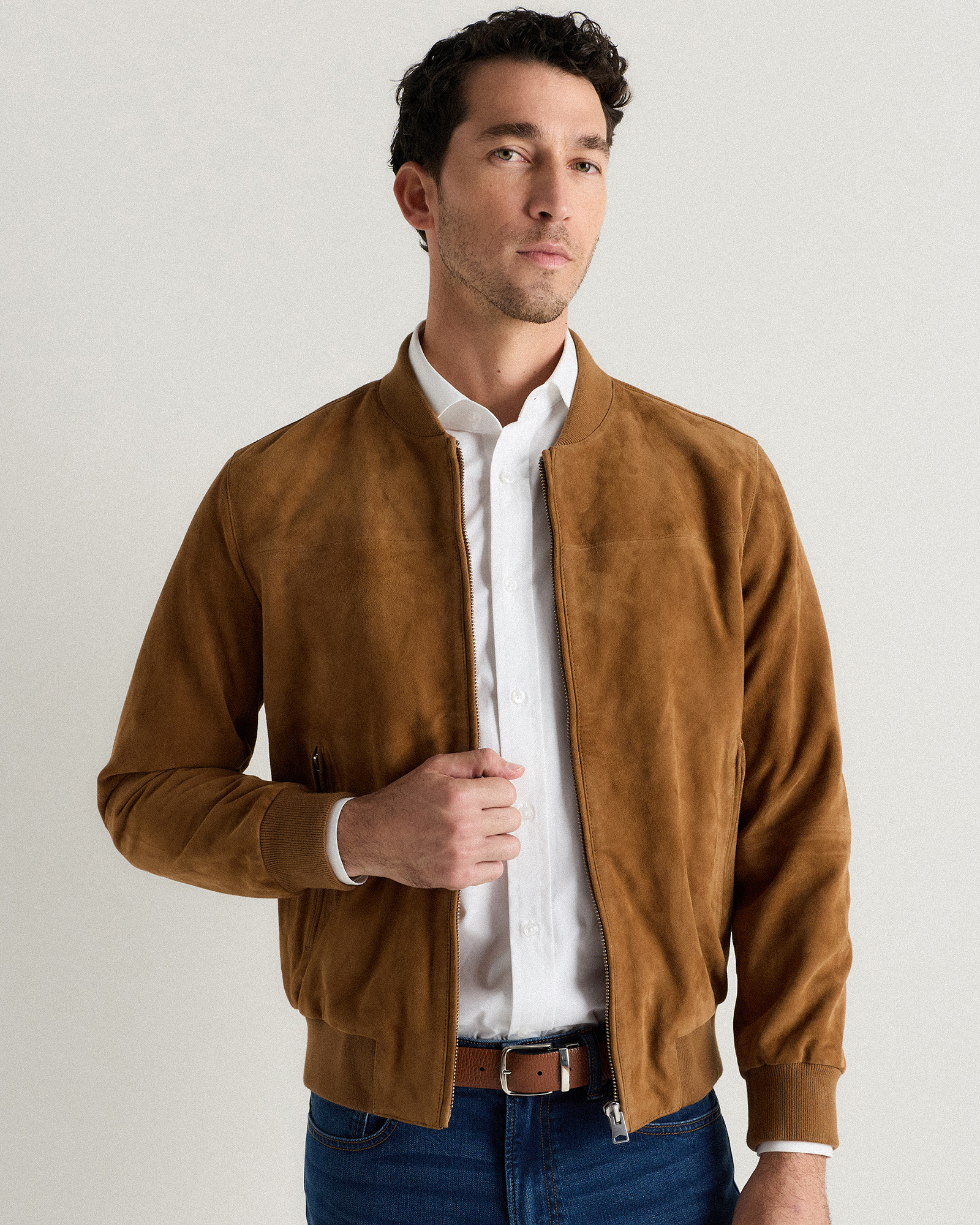 Cognac Brown 100% Suede Bomber Jacket
