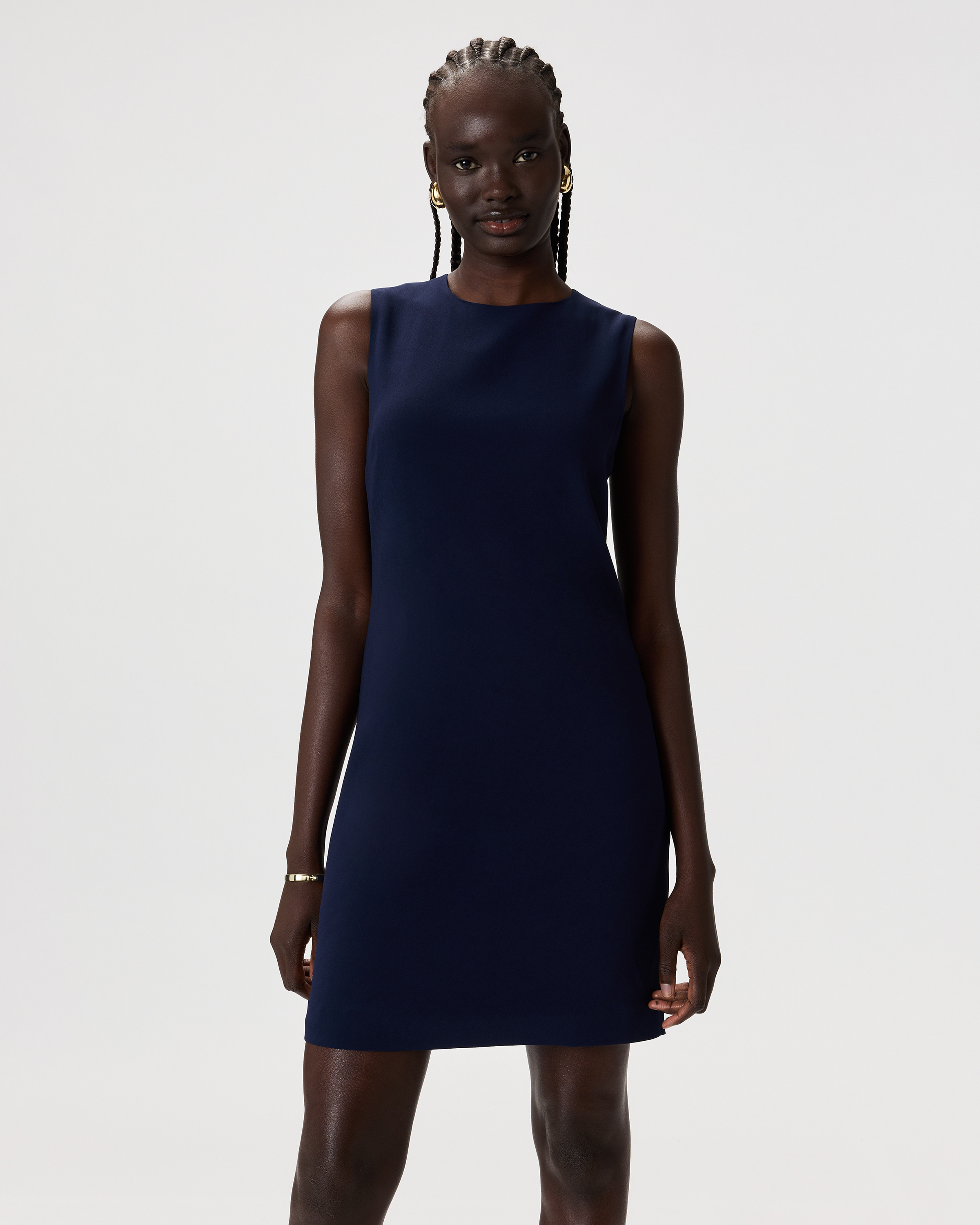 Navy Fluid Crepe Sleeveless Shift Dress