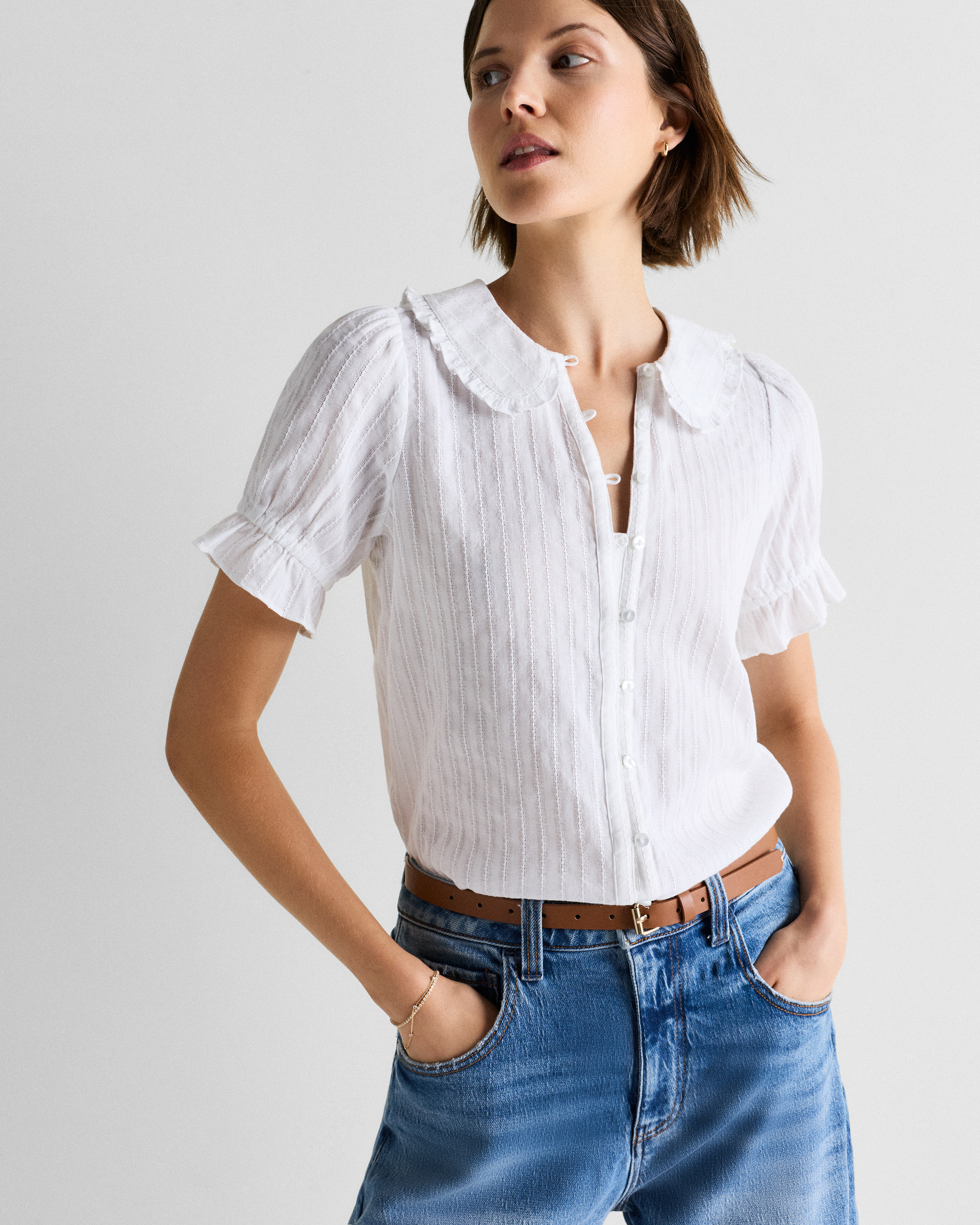 Classic White Embroidered Cotton Ruffle Collar Short Sleeve Blouse