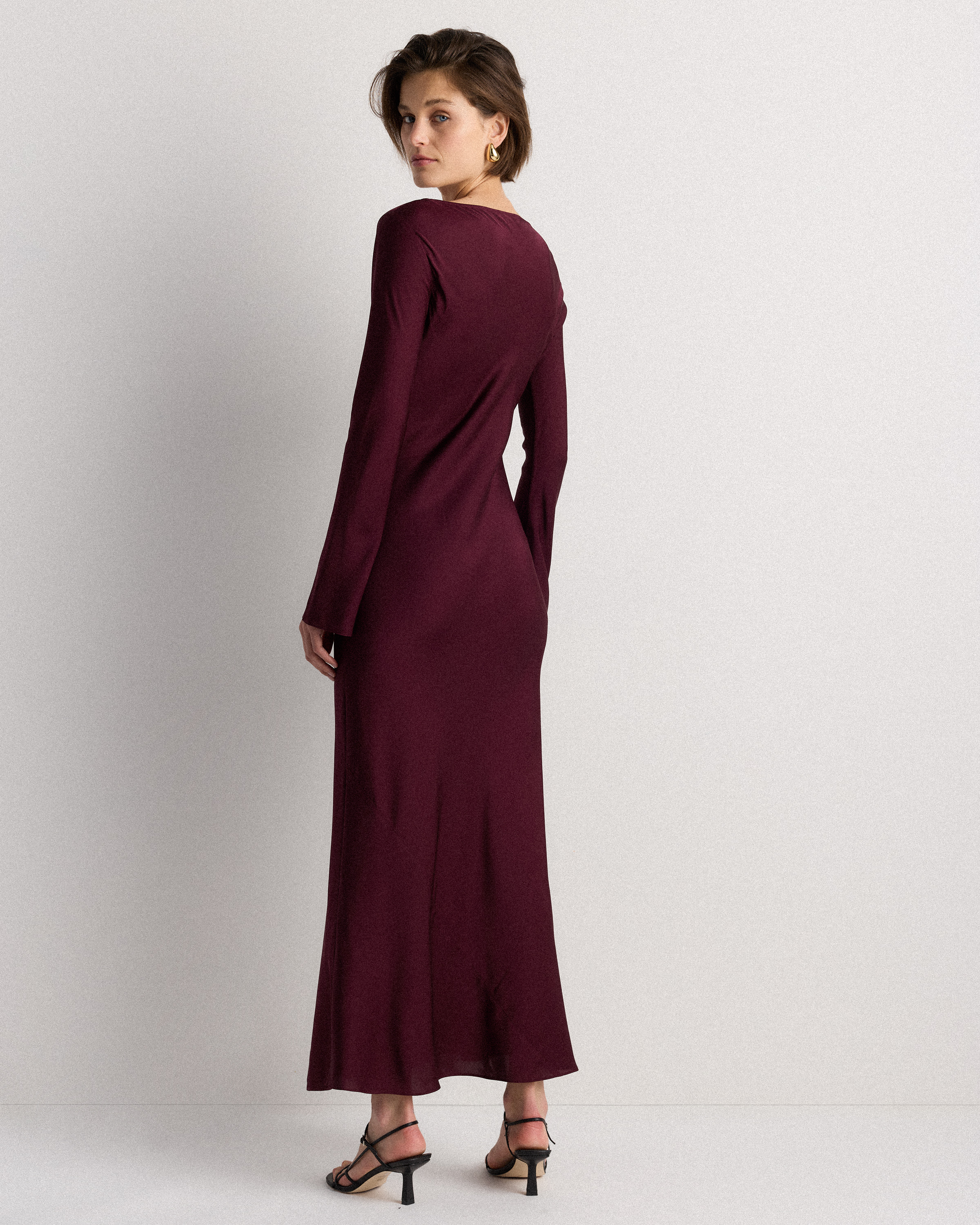 Women's Washable Stretch Silk Long Sleeve Maxi Dress in Wine Tasting Red