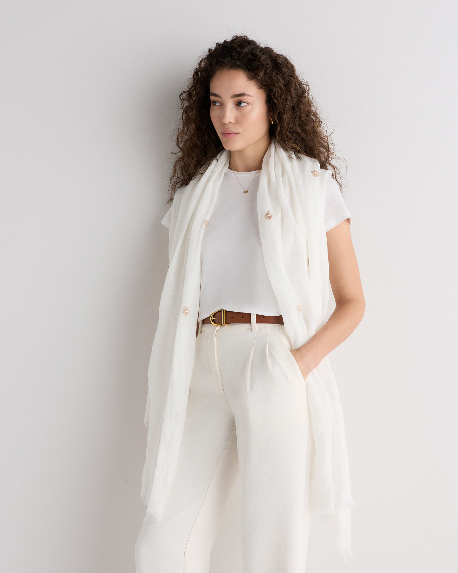 100% European Linen Embroidered Scarf - thumbnail 4