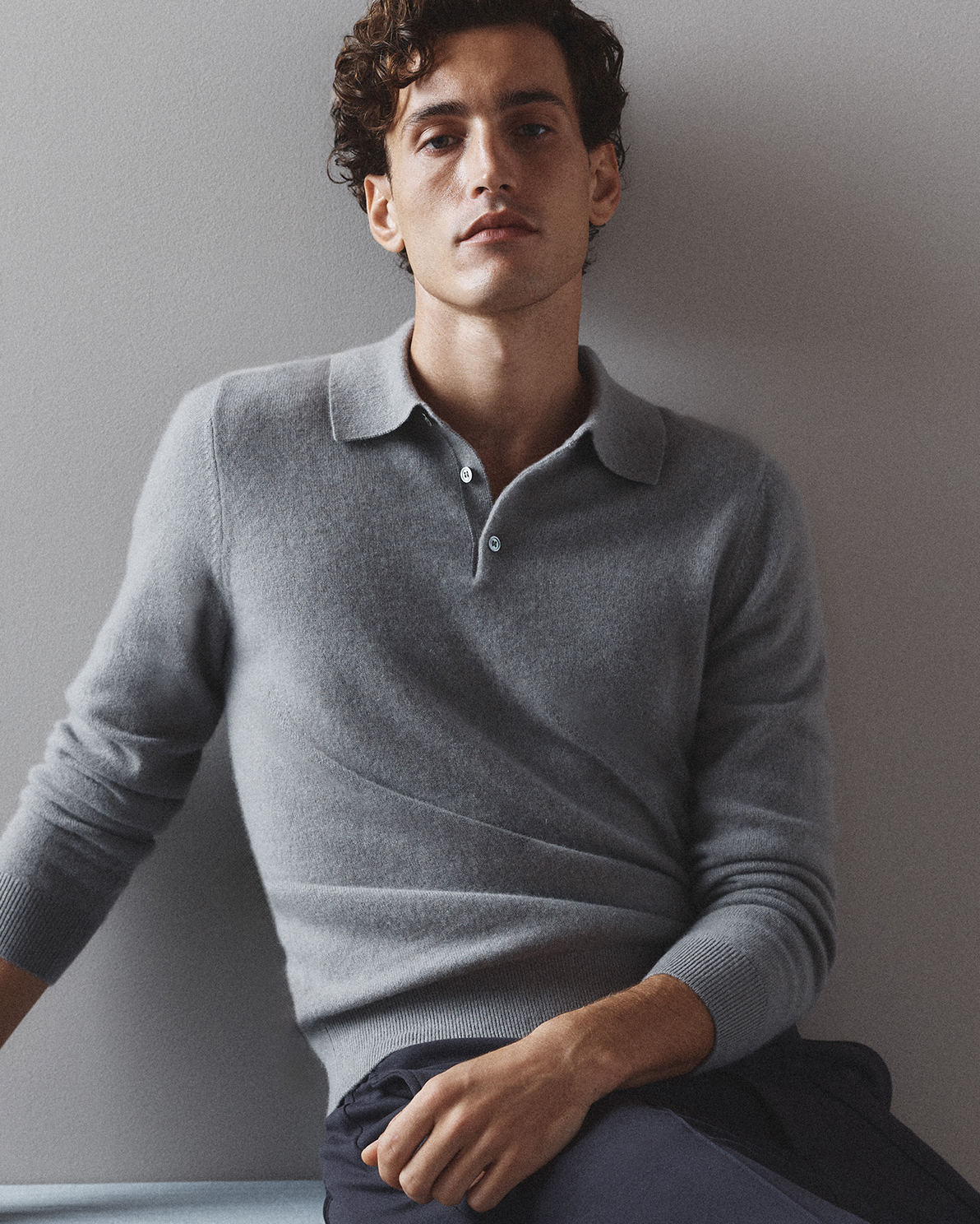 Heather Grey Mongolian Cashmere Polo Sweater