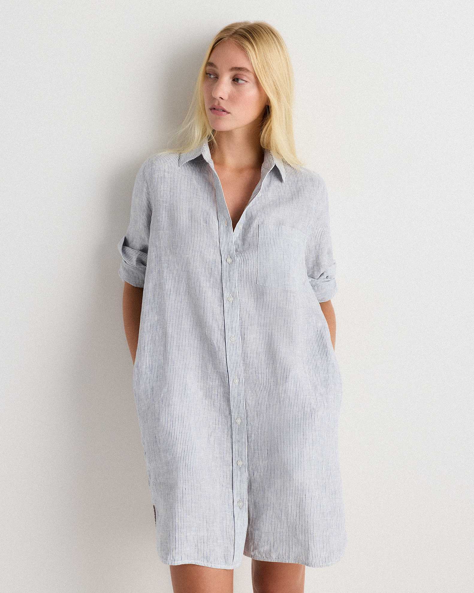 100% European Linen Shirt Dress in Blue Pinstripe 100% European Linen Shirt Dress in Blue Pinstripe