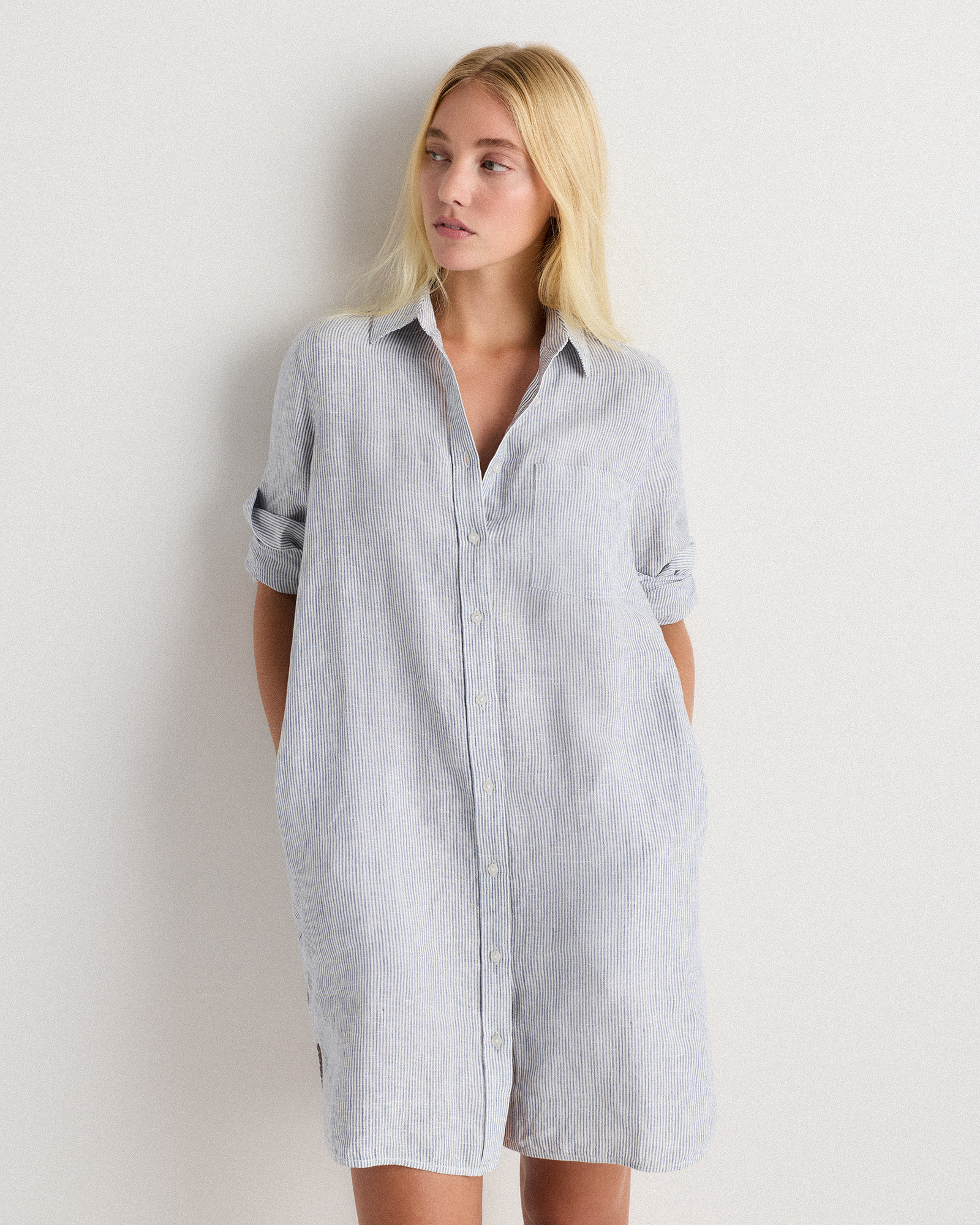 Blue Pinstripe 100% European Linen Shirt Dress