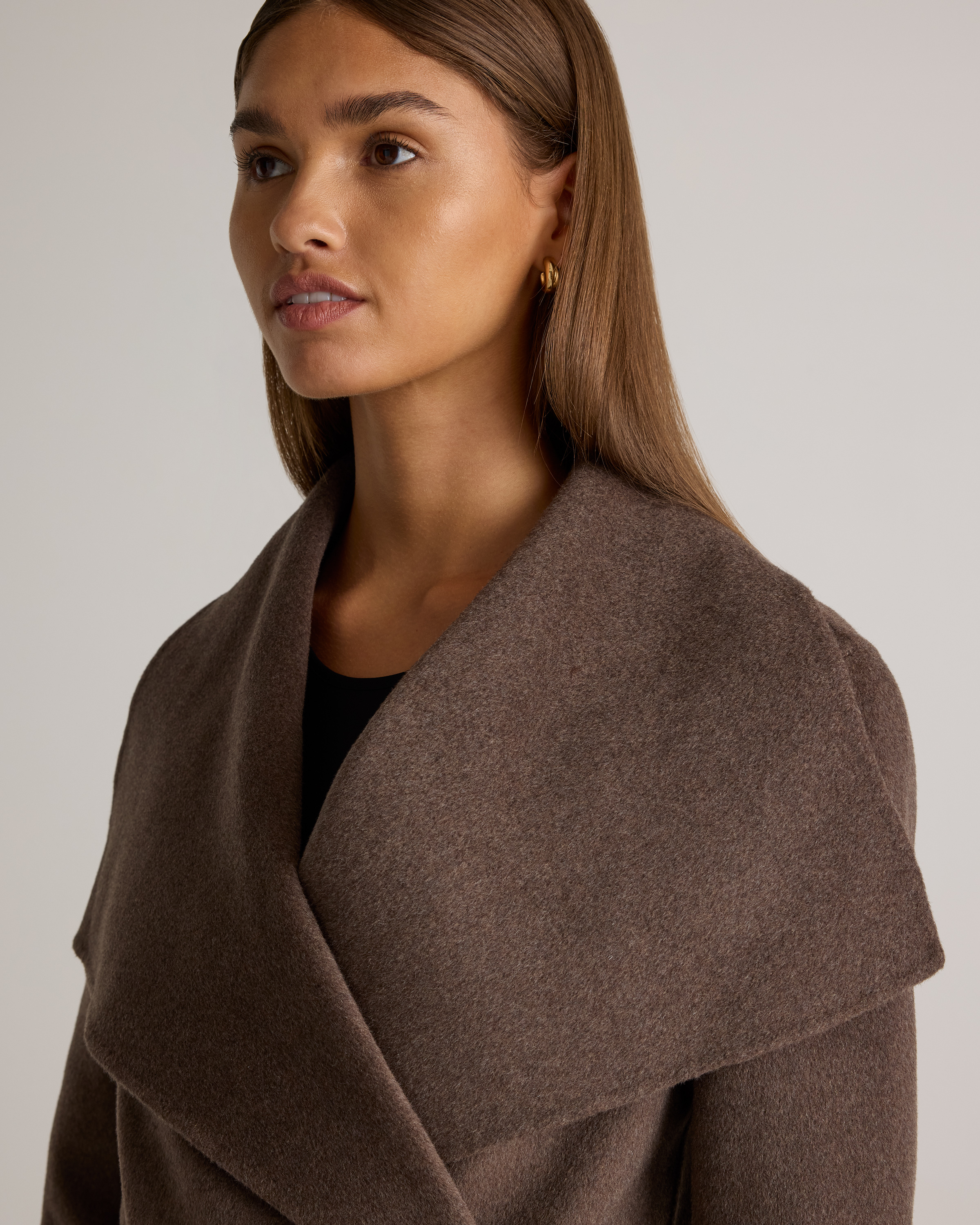 Double-Faced Merino Wool Draped Collar Wrap Coat in Cocoa Melange