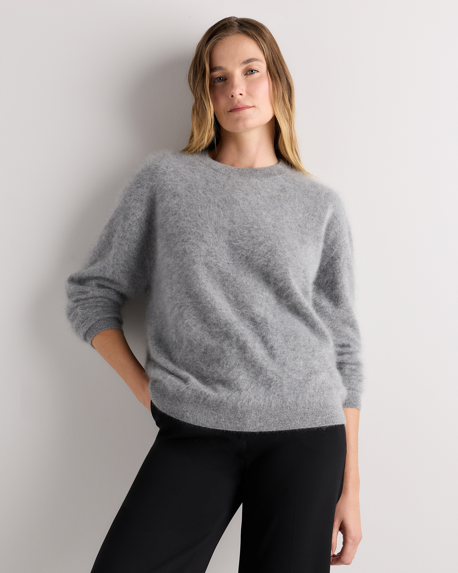 Heather Grey Brushed Cashmere Relaxed Crewneck Sweater