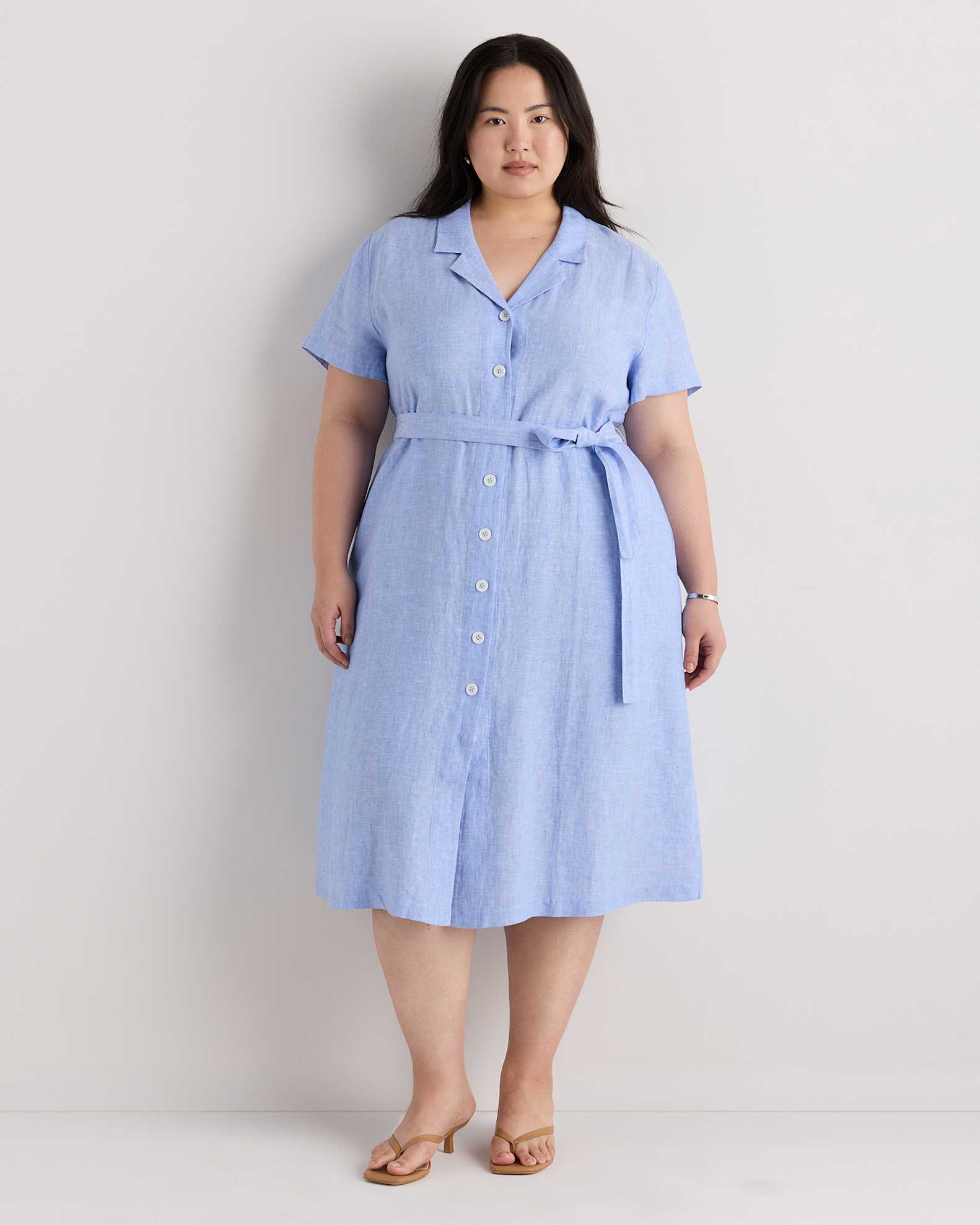Extended Sizes 100% European Linen Button Front Dress - Plus Size in French Blue Extended Sizes 100% European Linen Button Front Dress - Plus Size in French Blue