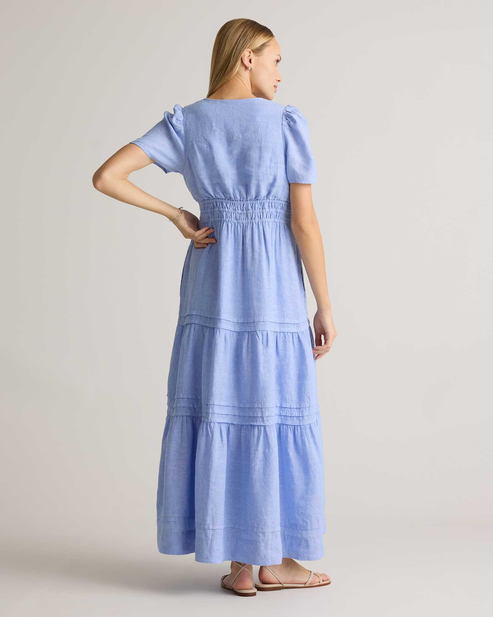 Quince Women's Maxi Dress in French Blue, Size XL - 100% European Linen, Tiered, V-Neck, Short Sleeves, Pocketed, Sustainable Material Quince Women's Maxi Dress in French Blue, Size XL - 100% European Linen, Tiered, V-Neck, Short Sleeves, Pocketed, Sustainable Material