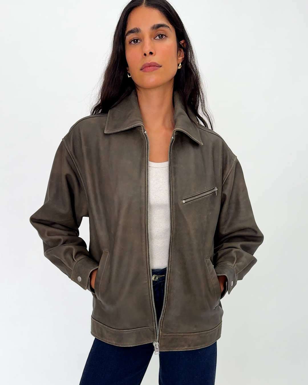 100- Leather Oversized Bomber Jacket Distressed Brown IH Model 4x5 Thumbnail