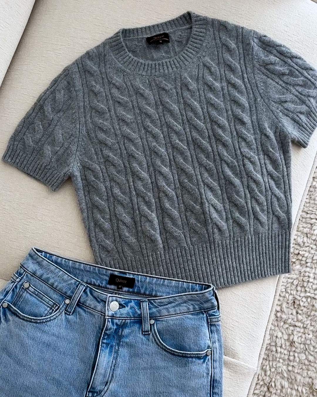 Mongolian Cashmere Shrunken Cable Tee - PDP Video Thumbnail (Heather Grey, 4x5)